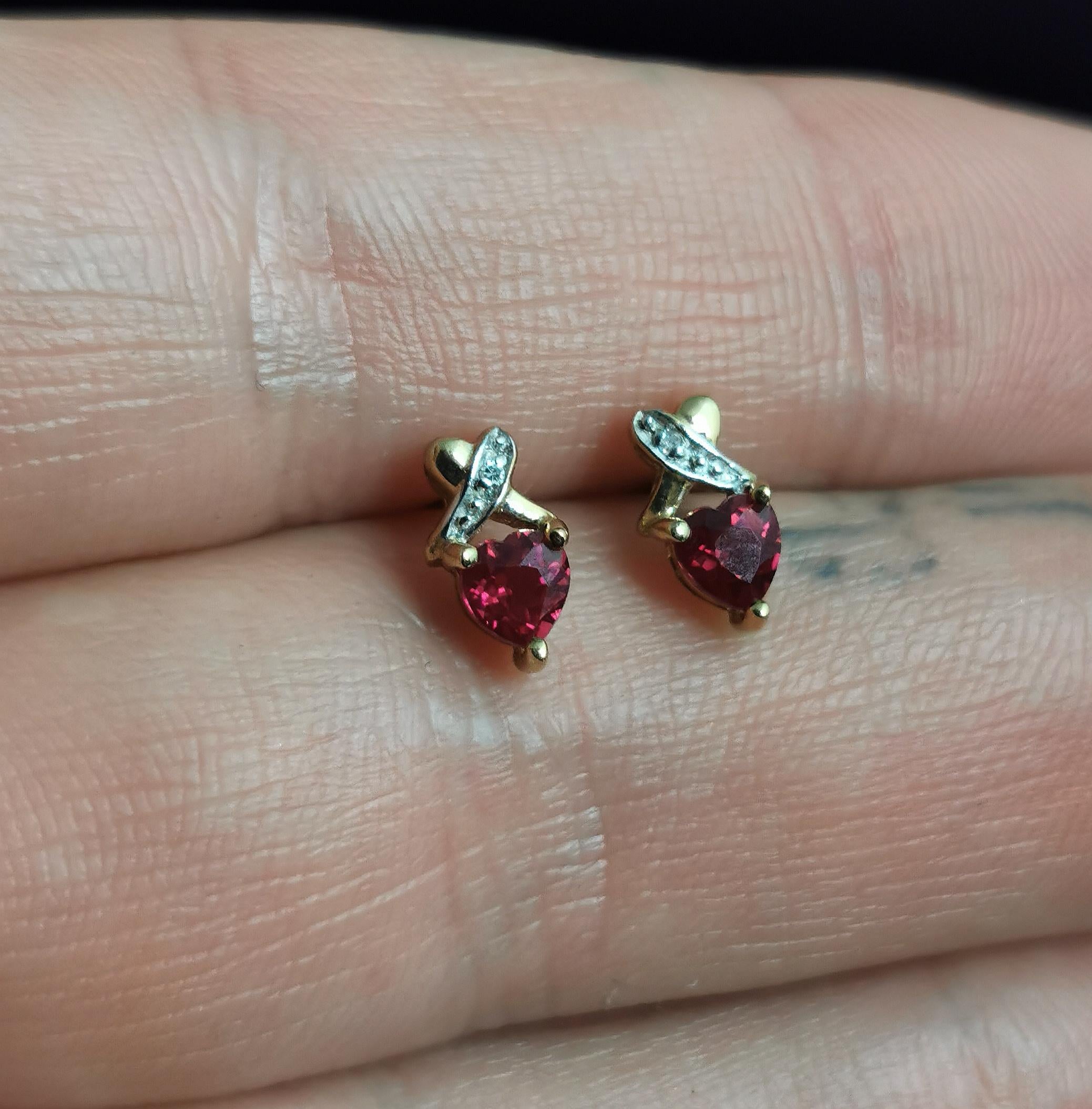 Vintage Synthetic Ruby and Diamond Heart Earrings, Studs, 9 Karat Gold  5