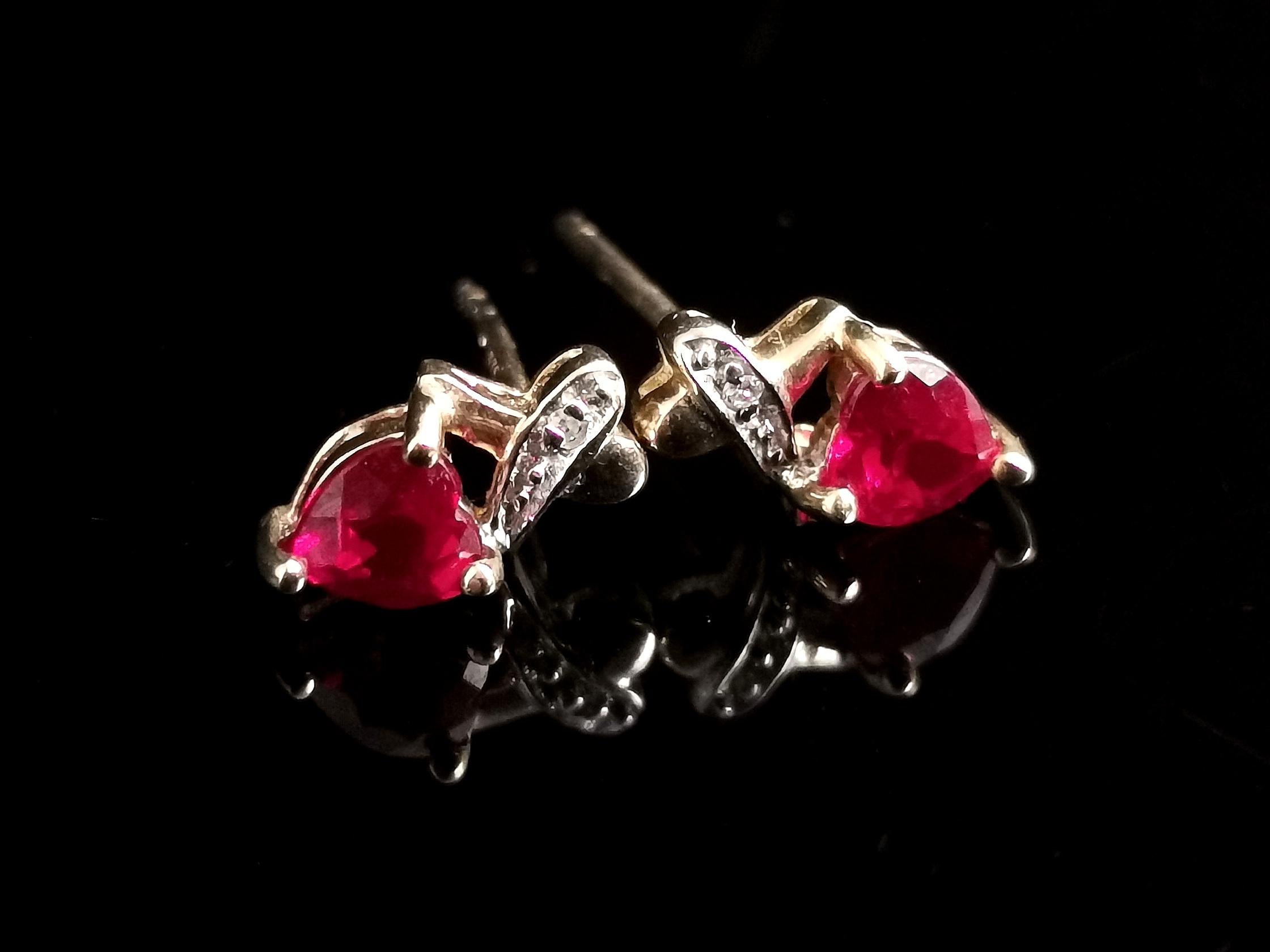 Modern Vintage Synthetic Ruby and Diamond Heart Earrings, Studs, 9 Karat Gold 