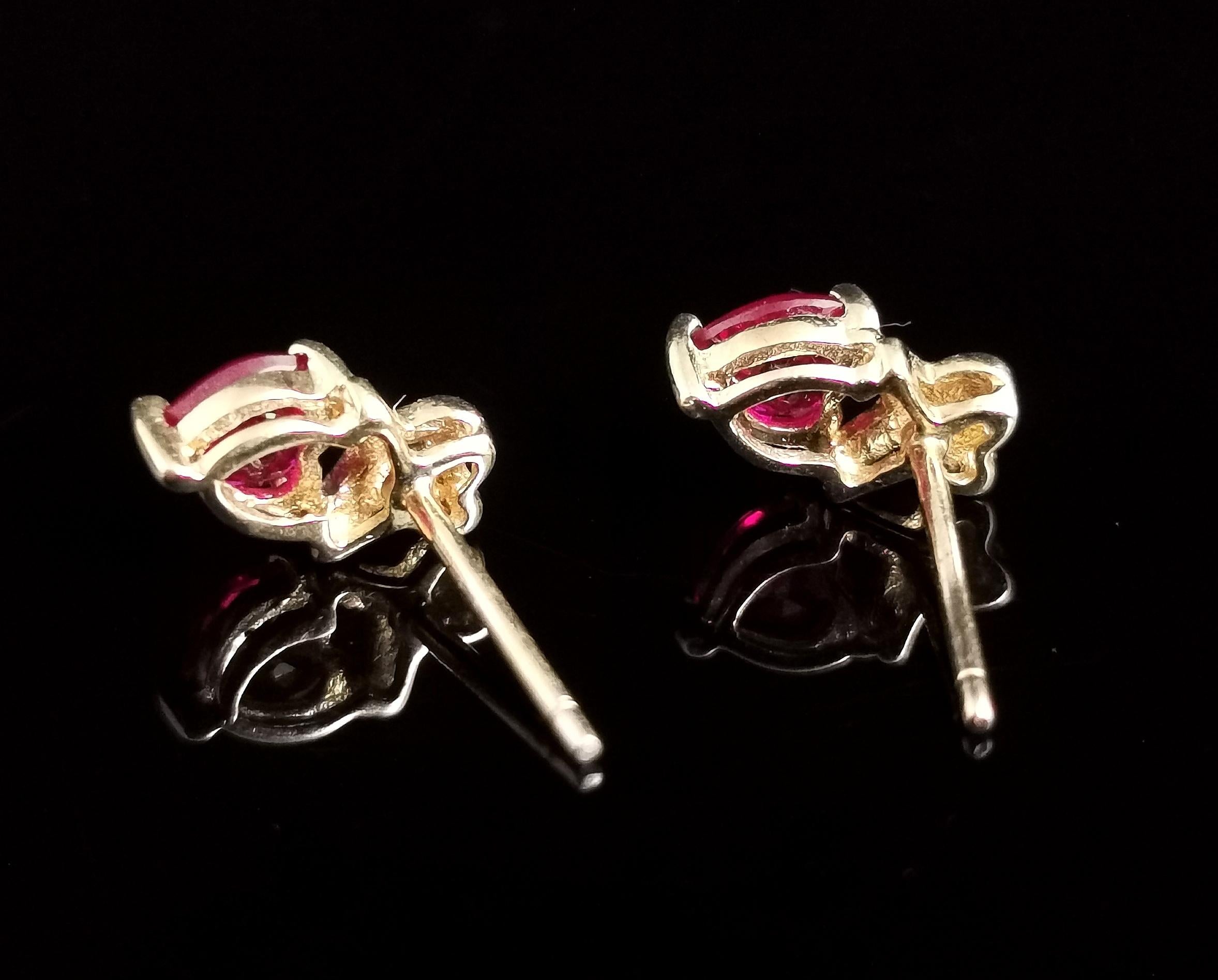 Vintage Synthetic Ruby and Diamond Heart Earrings, Studs, 9 Karat Gold  1