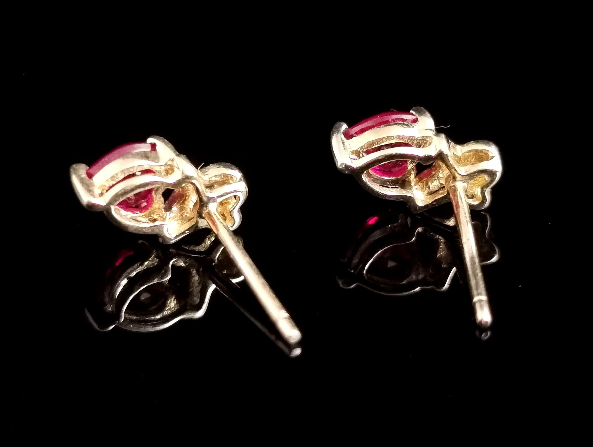Vintage Synthetic Ruby and Diamond Heart Earrings, Studs, 9 Karat Gold  2