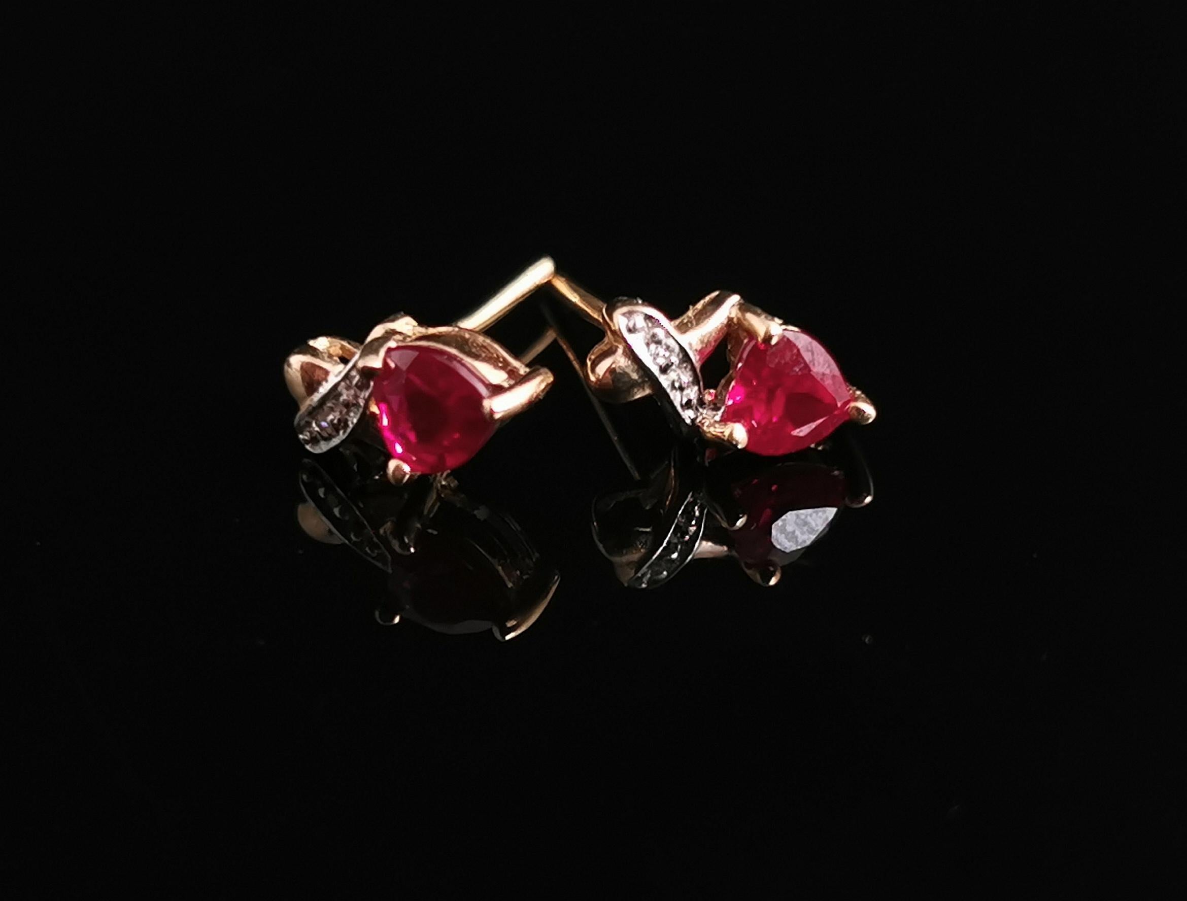 Vintage Synthetic Ruby and Diamond Heart Earrings, Studs, 9 Karat Gold  3