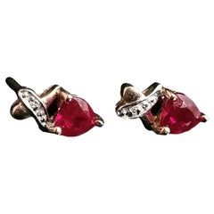 Vintage Synthetic Ruby and Diamond Heart Earrings, Studs, 9 Karat Gold 