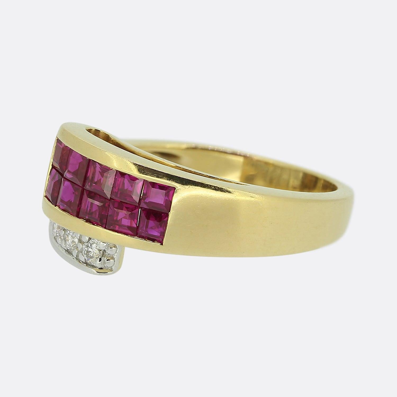 Here we have a lovely synthetic ruby and diamond cluster ring. The piece was crafted in France from 18ct gold and takes on an asymmetric design and geometric form. A yellow gold layer plays host to two rows of five square calibrated rubies whilst