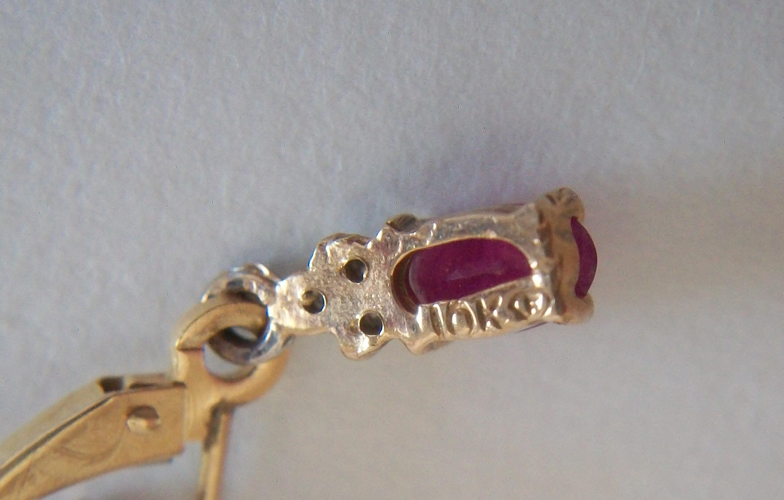 Oval Cut Vintage Synthetic Ruby & Diamond Pendant Earrings - 10K Gold - U.S. - C. 1970's For Sale