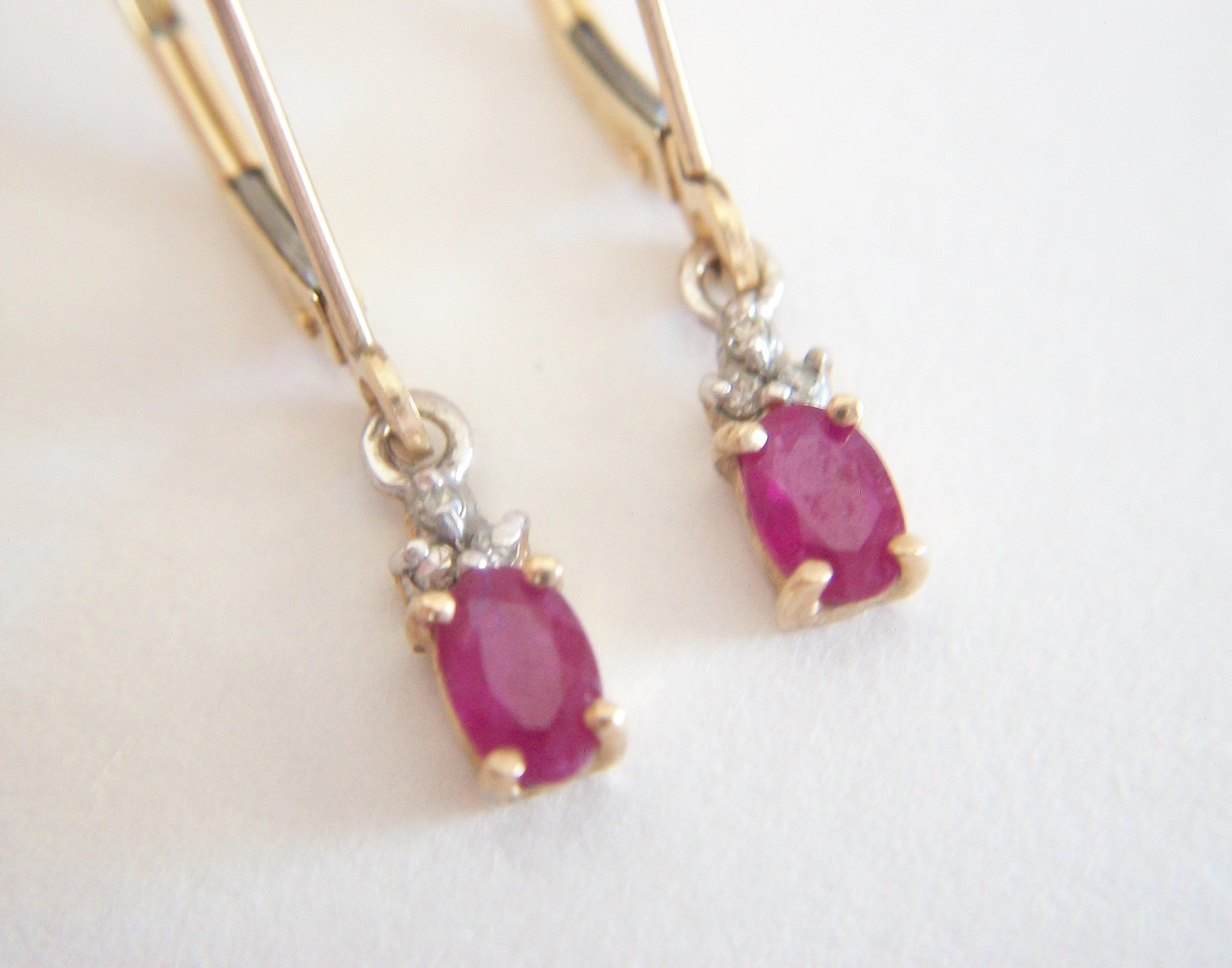 Vintage Synthetic Ruby & Diamond Pendant Earrings - 10K Gold - U.S. - C. 1970's In Good Condition For Sale In Chatham, CA