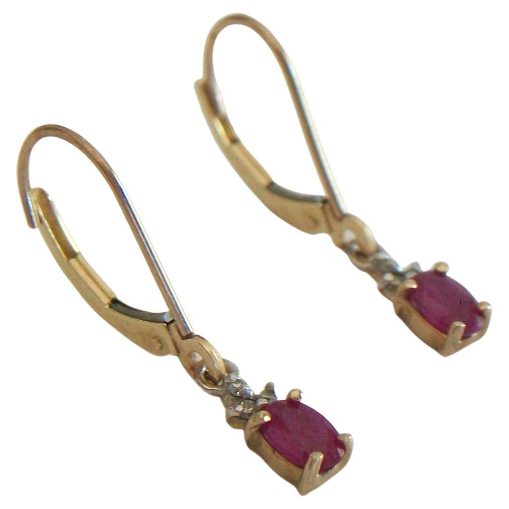 Vintage Synthetic Ruby & Diamond Pendant Earrings - 10K Gold - U.S. - C. 1970's For Sale
