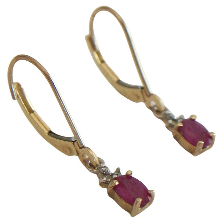 Vintage Synthetic Ruby and Diamond Pendant Earrings 10K Gold U.S. C. 1970's For Sale at
