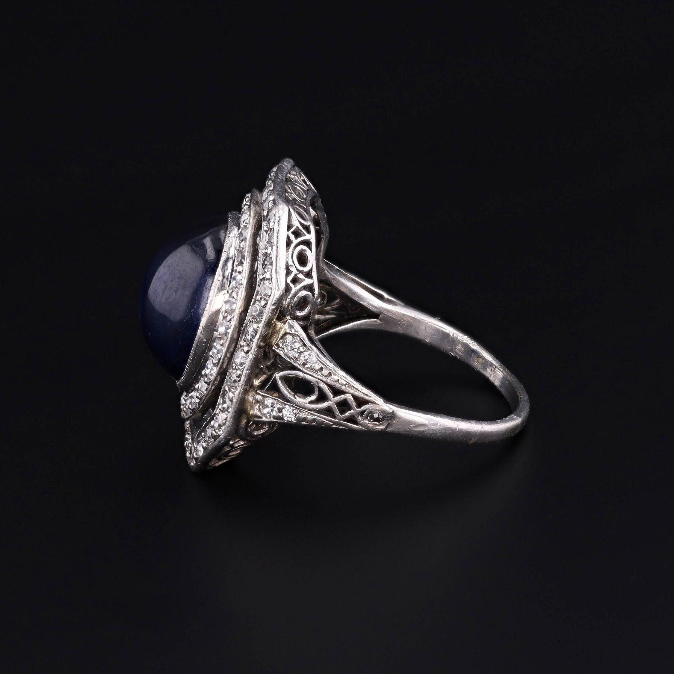 Cabochon Vintage Synthetic Sapphire and Diamond Ring Platinum For Sale