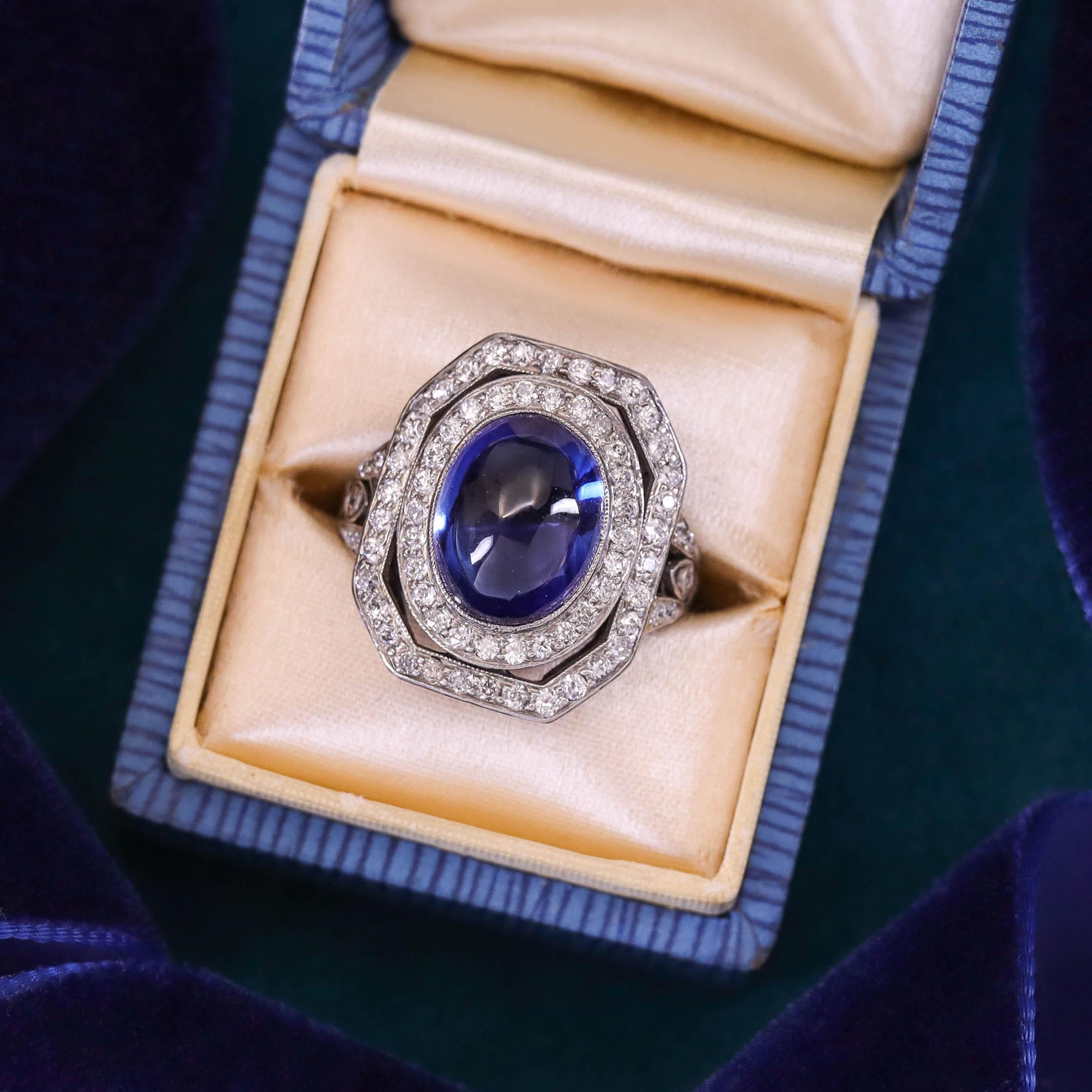 Platinring mit synthetischem Saphir und Diamant, Vintage im Angebot 1