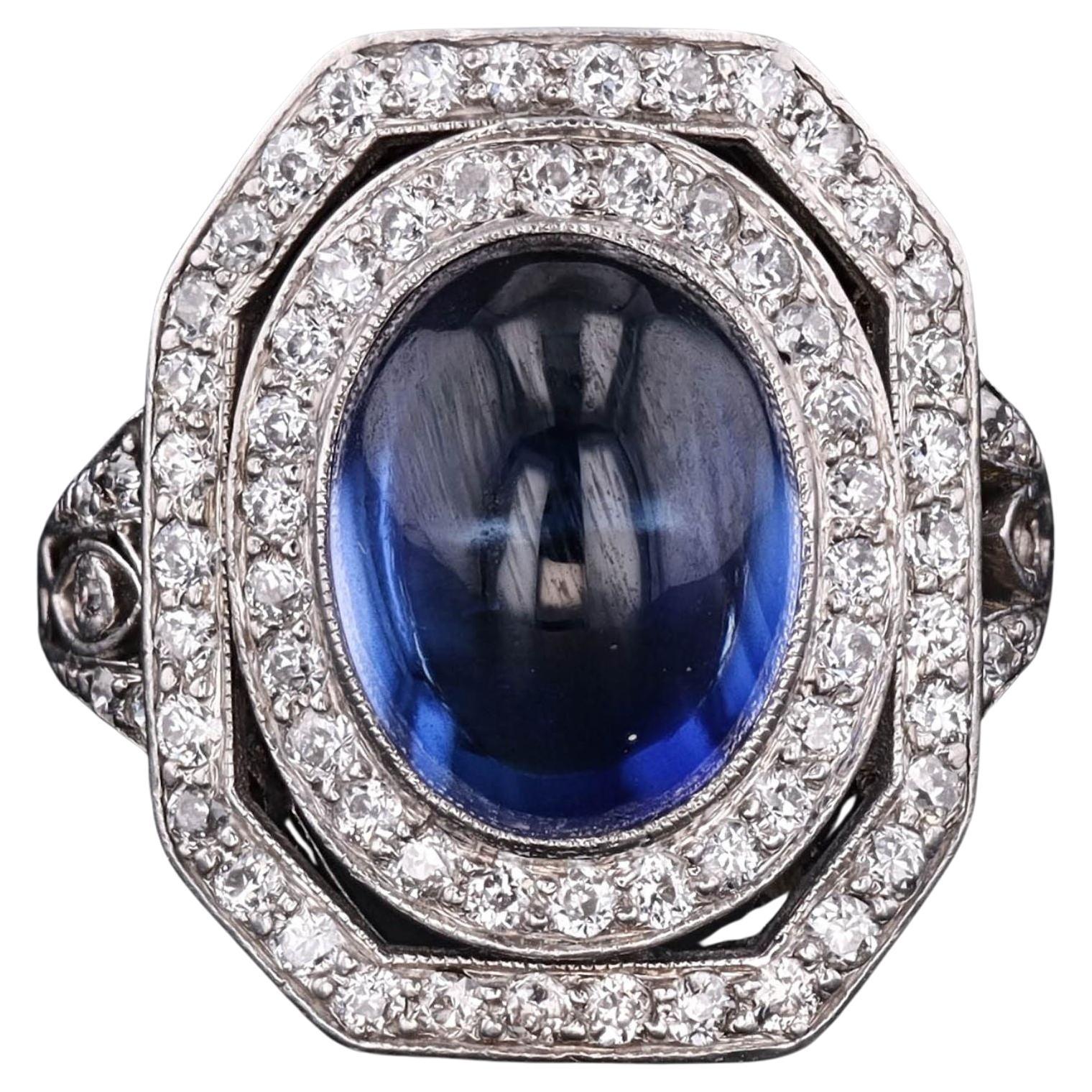 Anello vintage con zaffiro sintetico e diamante in platino