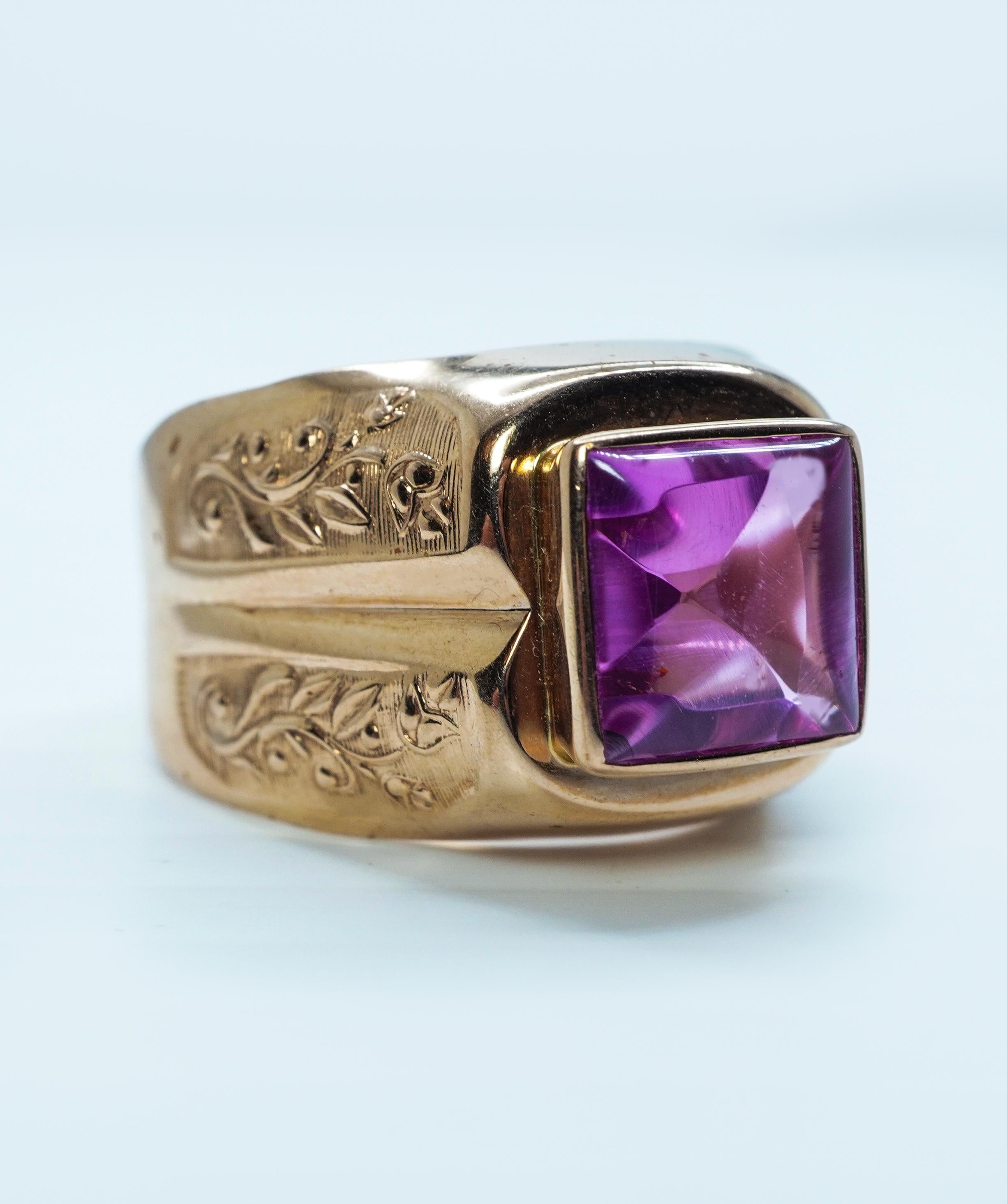 Square Cut Vintage Synthetic Sapphire Mens Ring 14K Gold Heavy Size 12.5 Перстень For Sale