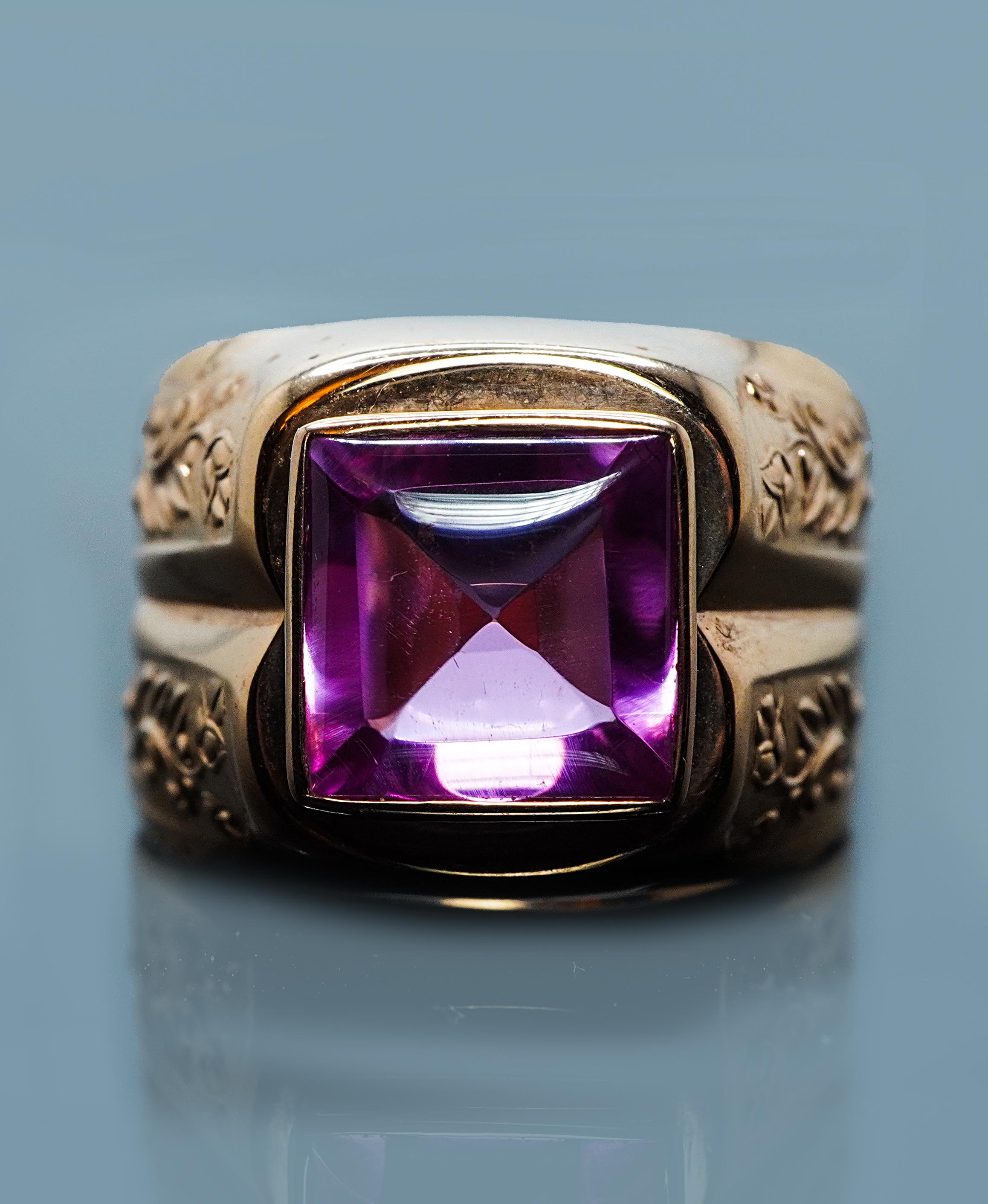 Vintage Synthetic Sapphire Mens Ring 14K Gold Heavy Size 12.5 Перстень For Sale 3
