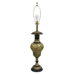 Antique Syrian Anglo Indian Ornate Floral Etched Brass Tall Table Lamp