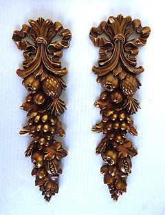 Vintage Syroco Wood Pair Hollywood Regency Golden Fruit Swag Wall Decor 60s