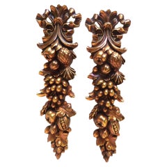 Vintage Syroco Wood Pair Hollywood Regency Golden Fruit Swag Wall Decor 60s