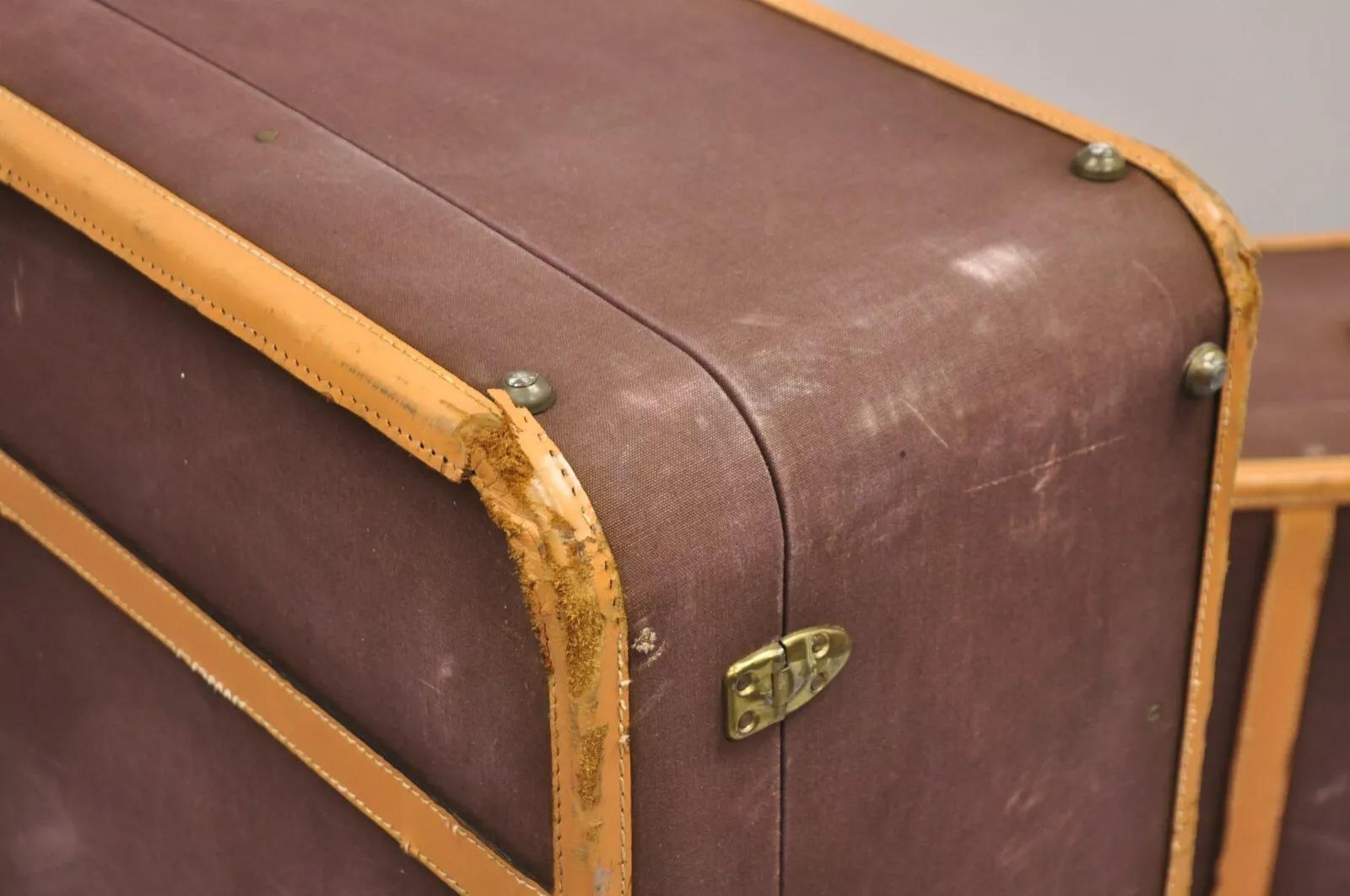 Vintage T. Anthony Art Deco Leather & Canvas Green Brown Hard Luggage - 4 Pc Set For Sale 5