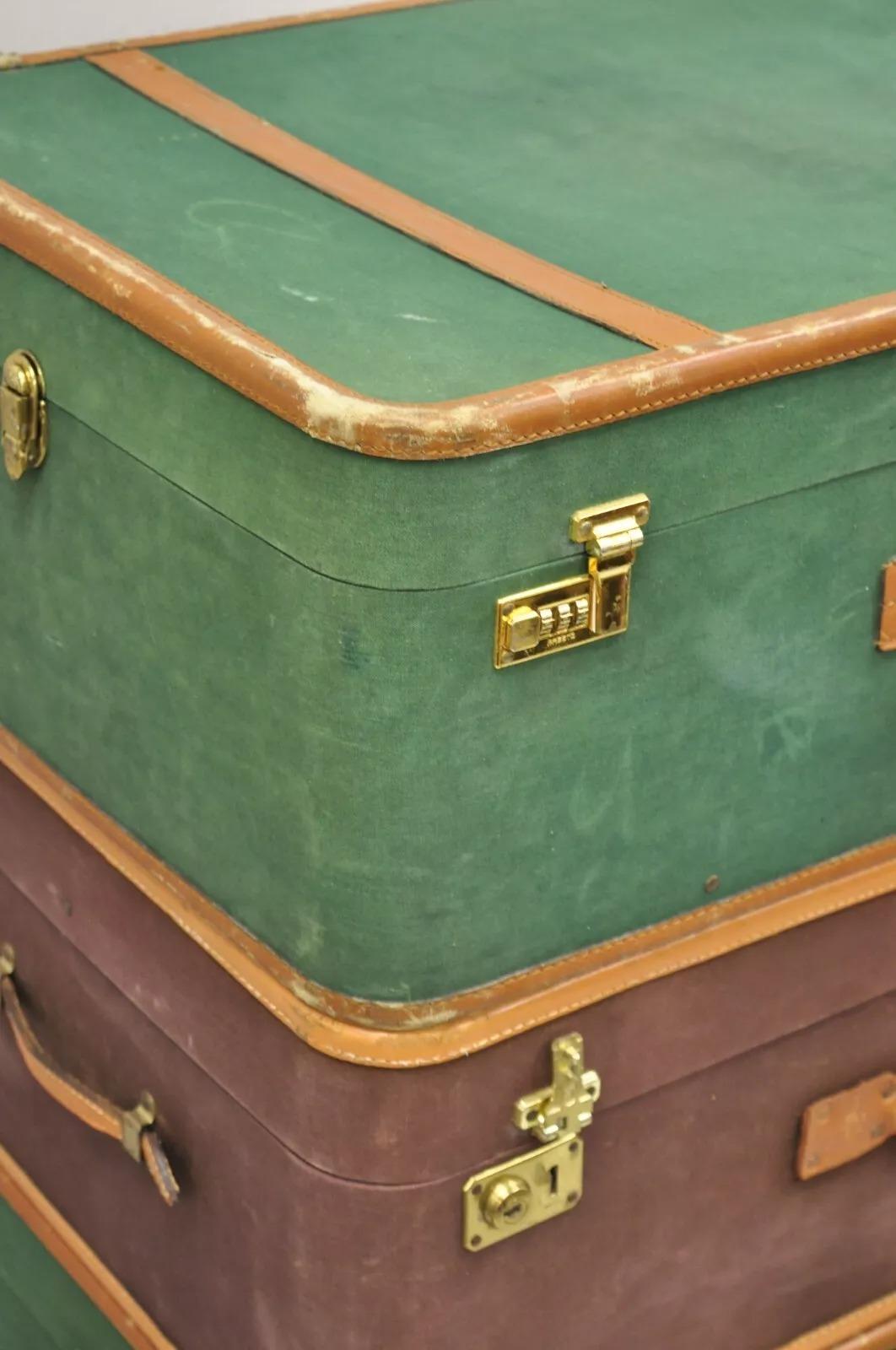 Vintage T. Anthony Art Deco Leather & Canvas Green Brown Hard Luggage - 4 Pc Set For Sale 6