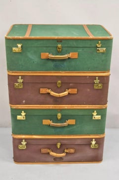 Bagage rigide vintage T. Anthony Art Deco en cuir et toile Vert Brown - Ensemble de 4 pièces