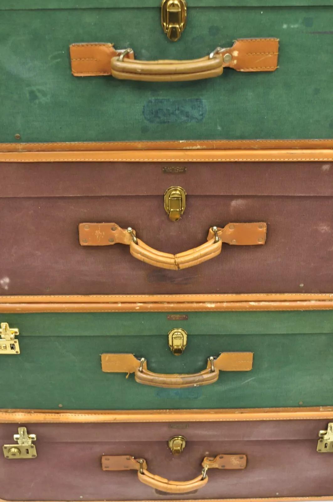 Vintage T. Anthony Art Deco Leather & Canvas Green Brown Hard Luggage - 4 Pc Set In Good Condition For Sale In Philadelphia, PA
