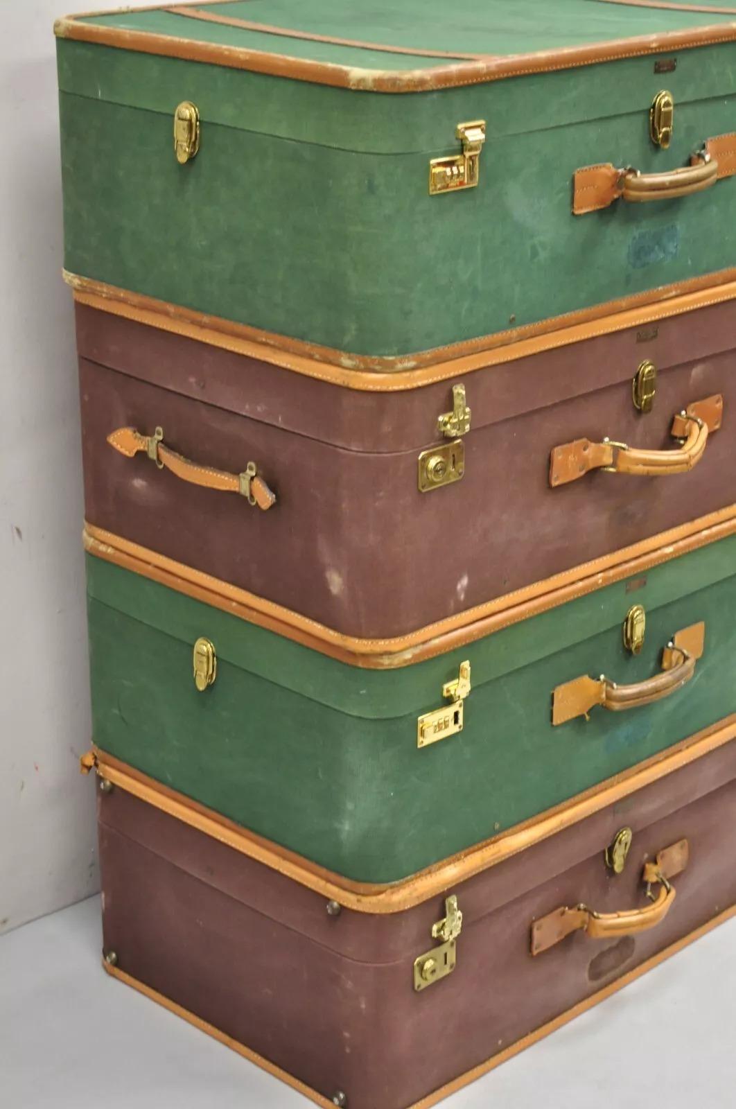 20th Century Vintage T. Anthony Art Deco Leather & Canvas Green Brown Hard Luggage - 4 Pc Set For Sale
