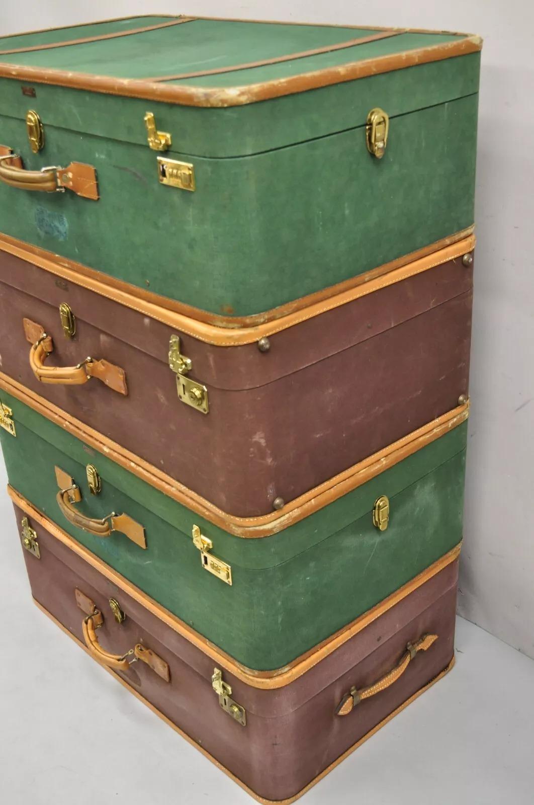 Vintage T. Anthony Art Deco Leather & Canvas Green Brown Hard Luggage - 4 Pc Set For Sale 1