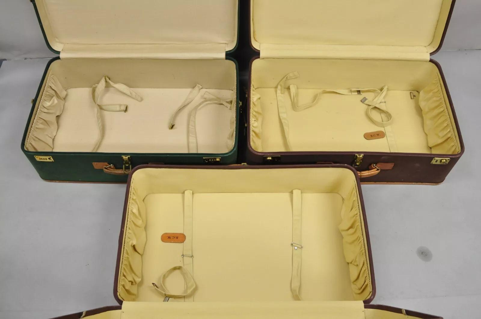 Vintage T. Anthony Art Deco Leather & Canvas Green Brown Hard Luggage - 4 Pc Set For Sale 2
