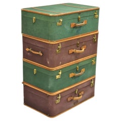 Vintage T. Anthony Art Deco Leather & Canvas Green Brown Hard Luggage - 4 Pc Set