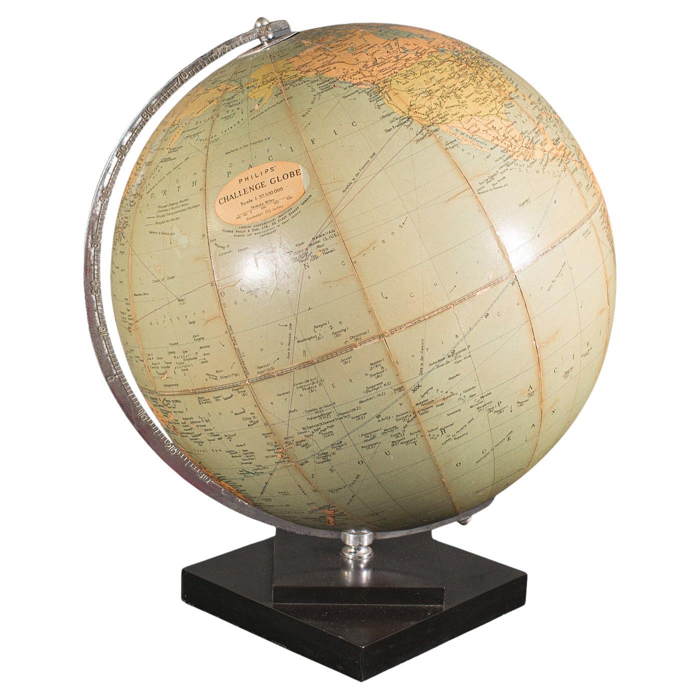 Globe de table vintage, anglais, carte du monde, diamètre de 13,5 pouces, cartographie, vers 1960