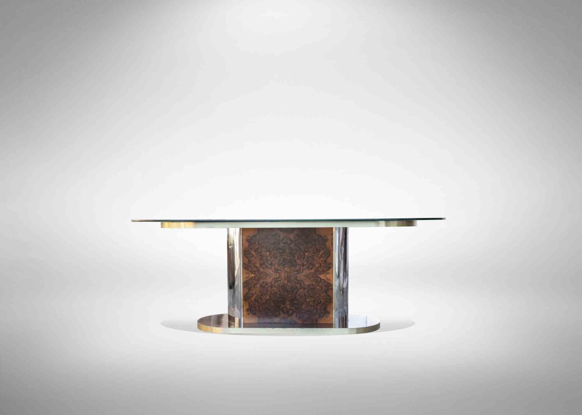 Vintage Tisch italienische Herstellung 1970er Jahre, im Stil von Willy Rizzo. Messing, Bruyère, Glas und verspiegeltes Glas.

100 Breite 200 Länge 70 Höhe.

Sehr guter Zustand.