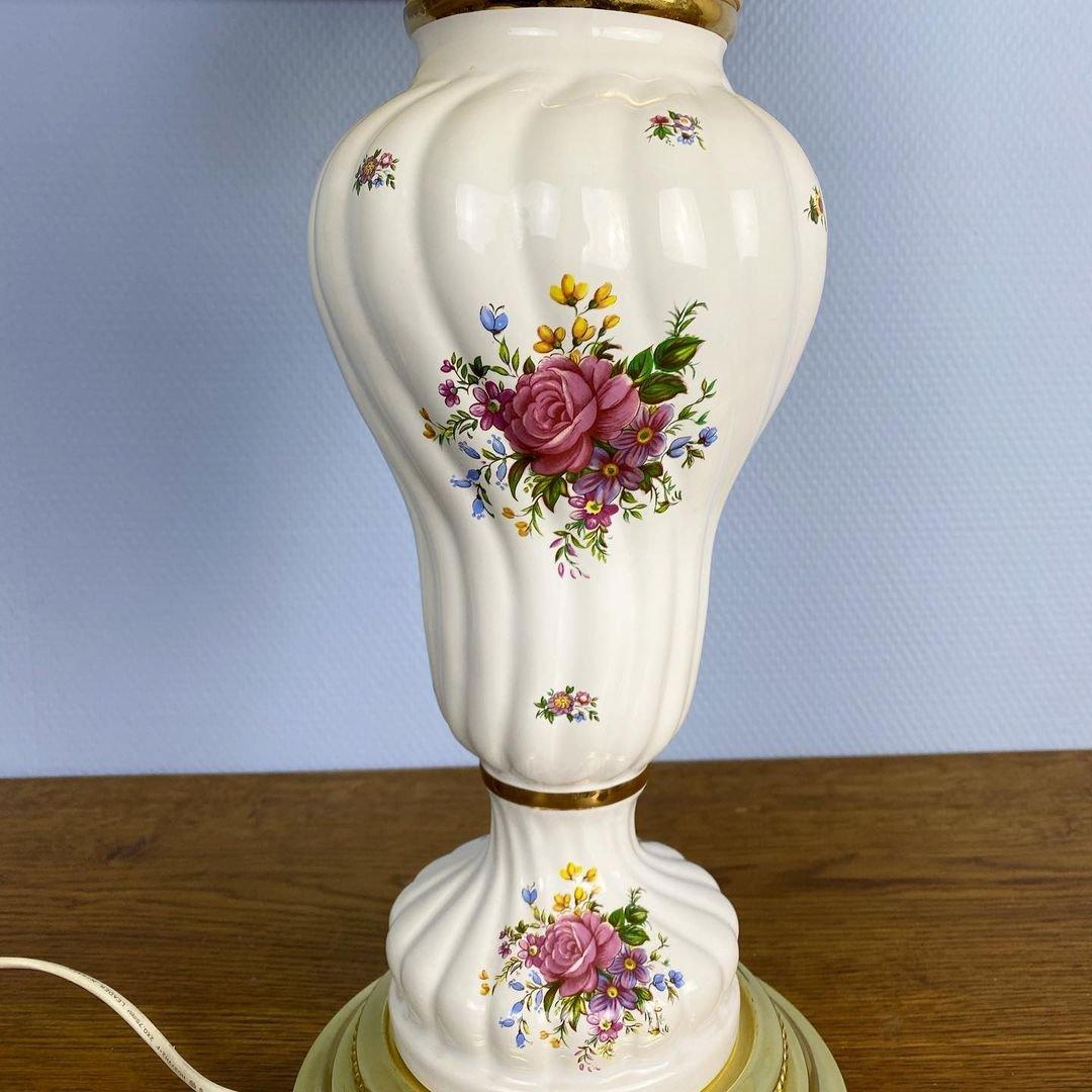 Mid-Century Modern Large Ceramic Bedside Porcelain Flower Pattern Table Lamp For Sale