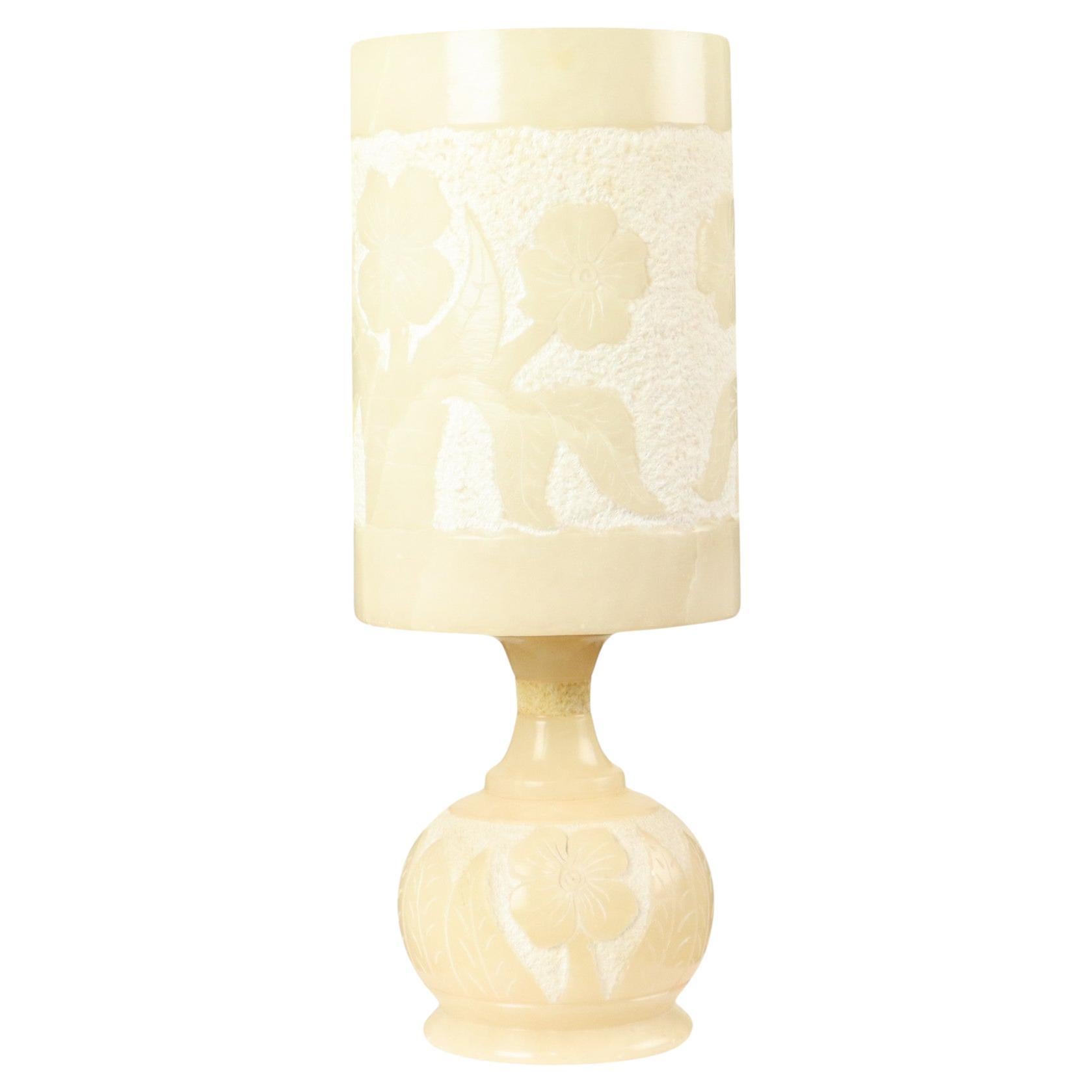 Lampe de bureau vintage en albâtre naturel fleurs Espagne années 1960