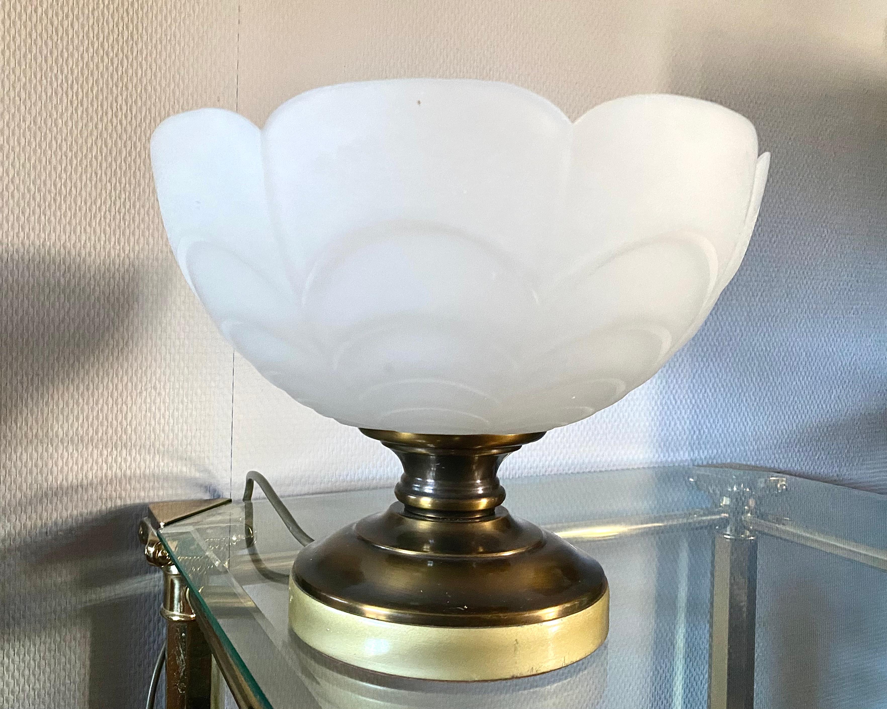 A very delicate, elegant table lamp, the lampshade of which is made of matte textured glass,  accented with flower petals the base is made of brass.

Manufactured in Belgium, by Deknudt, circa 1970s.

It can become an interior decoration of your