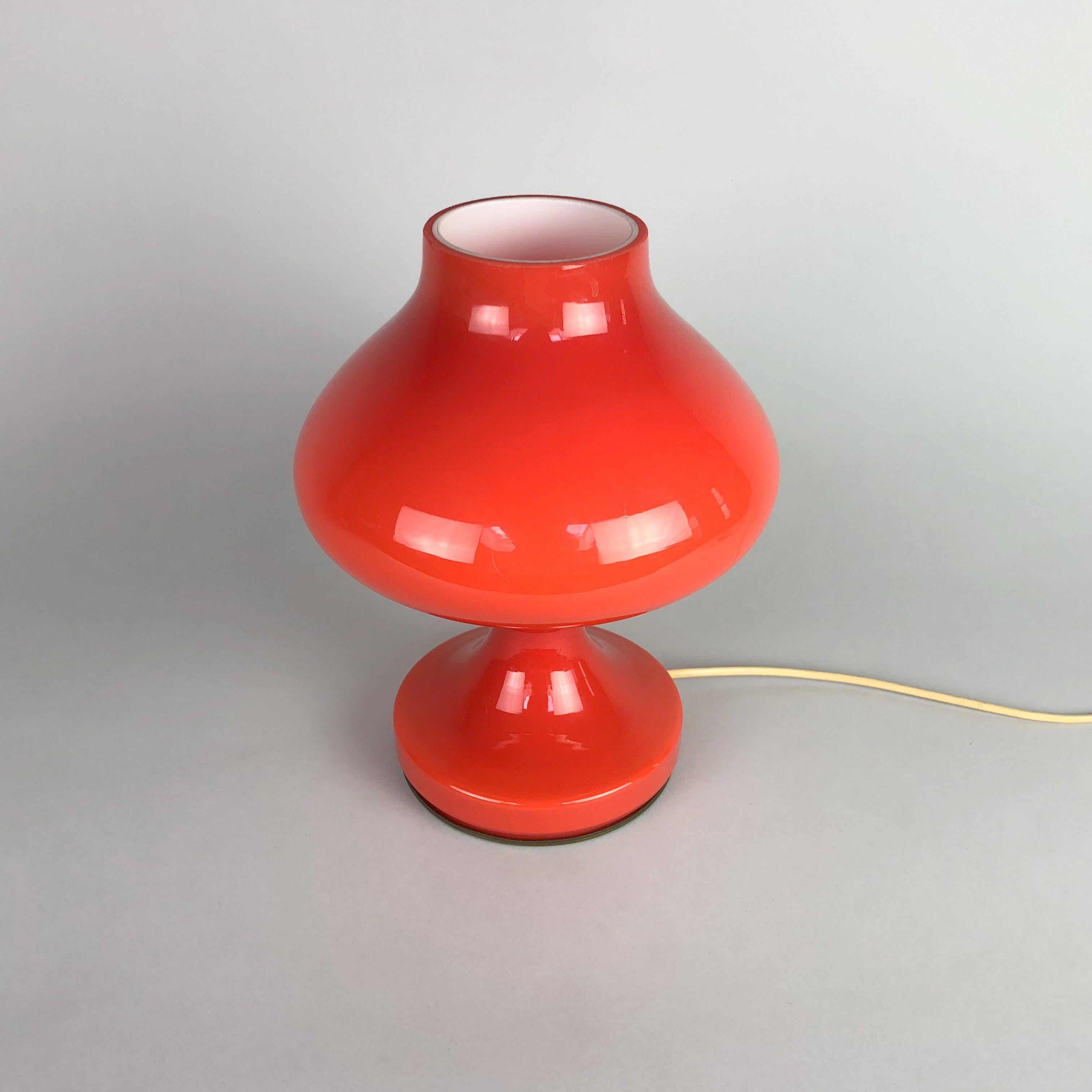 Beautiful vintage glass table lamp designed by Stepan Tabera and produced by the Czechoslovakian company OPP Jihlava in the early 1970s. Two layers of glass - white in the inside, red on the outside. Very good vintage condition. There is one small