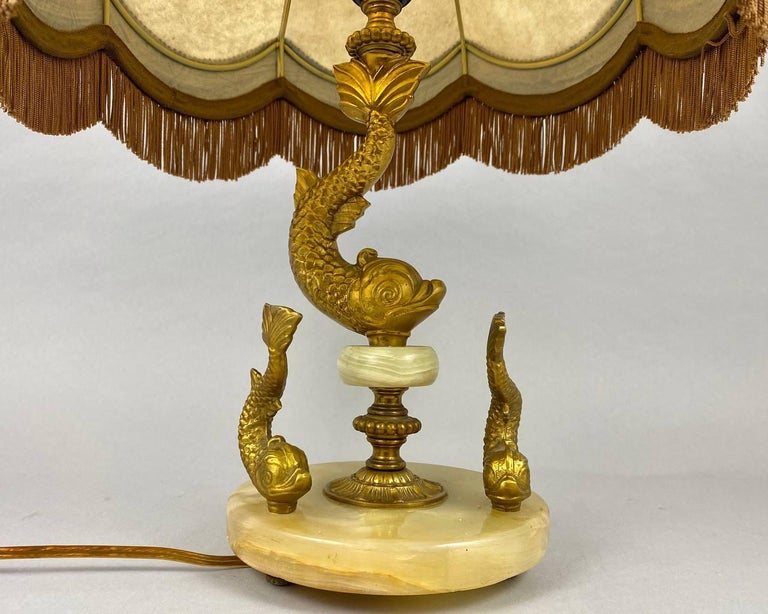 Vintage Table Lamp “Fish” With Shade In Onyx and Bronze For Sale at 1stDibs