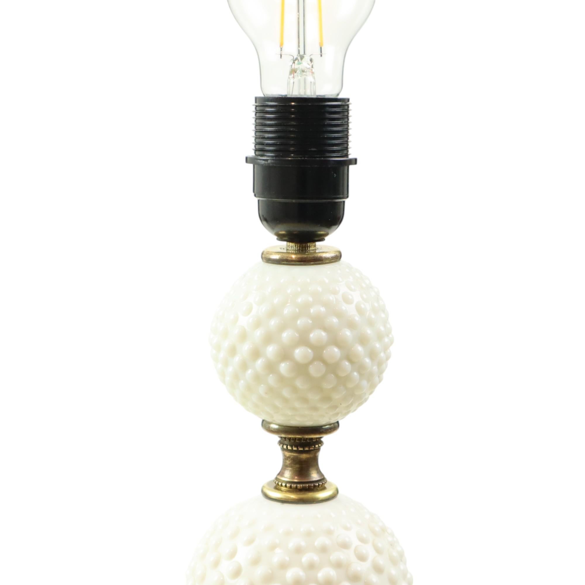 Italian Vintage Table Lamp Frosted Milk Glass Brass Hobnail 1970s For Sale