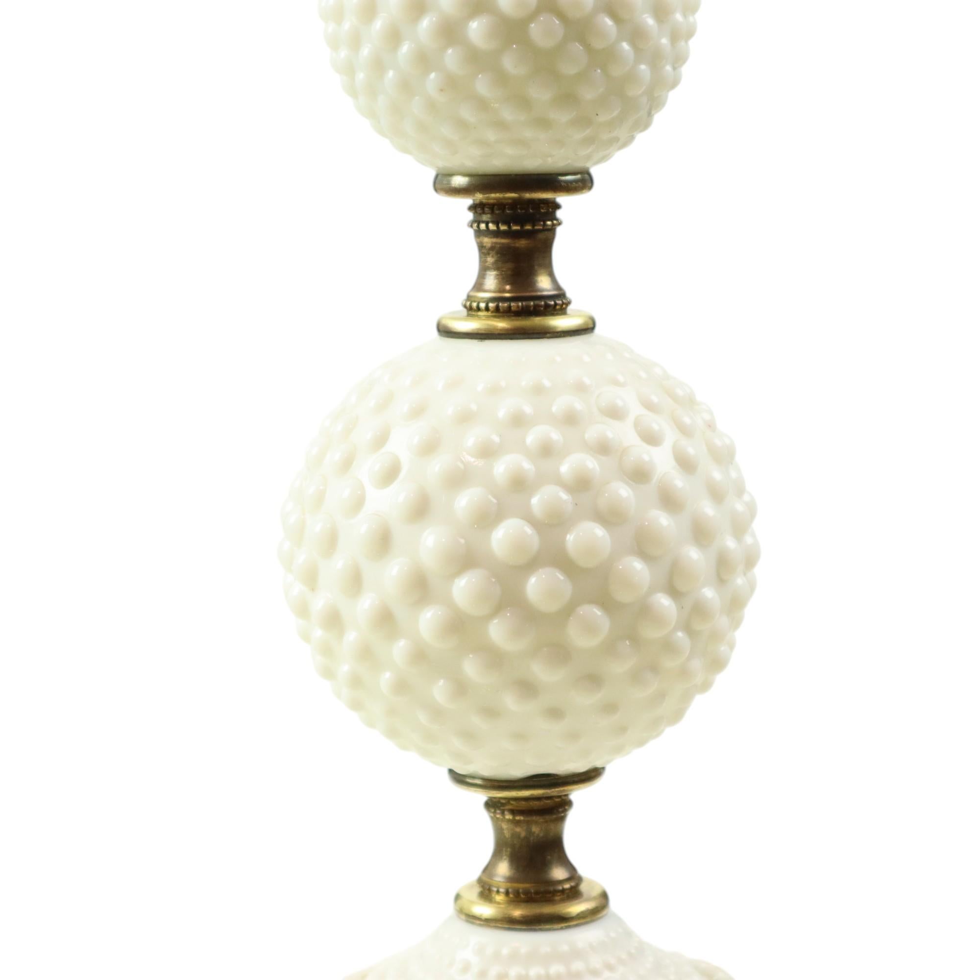 Cast Vintage Table Lamp Frosted Milk Glass Brass Hobnail 1970s For Sale