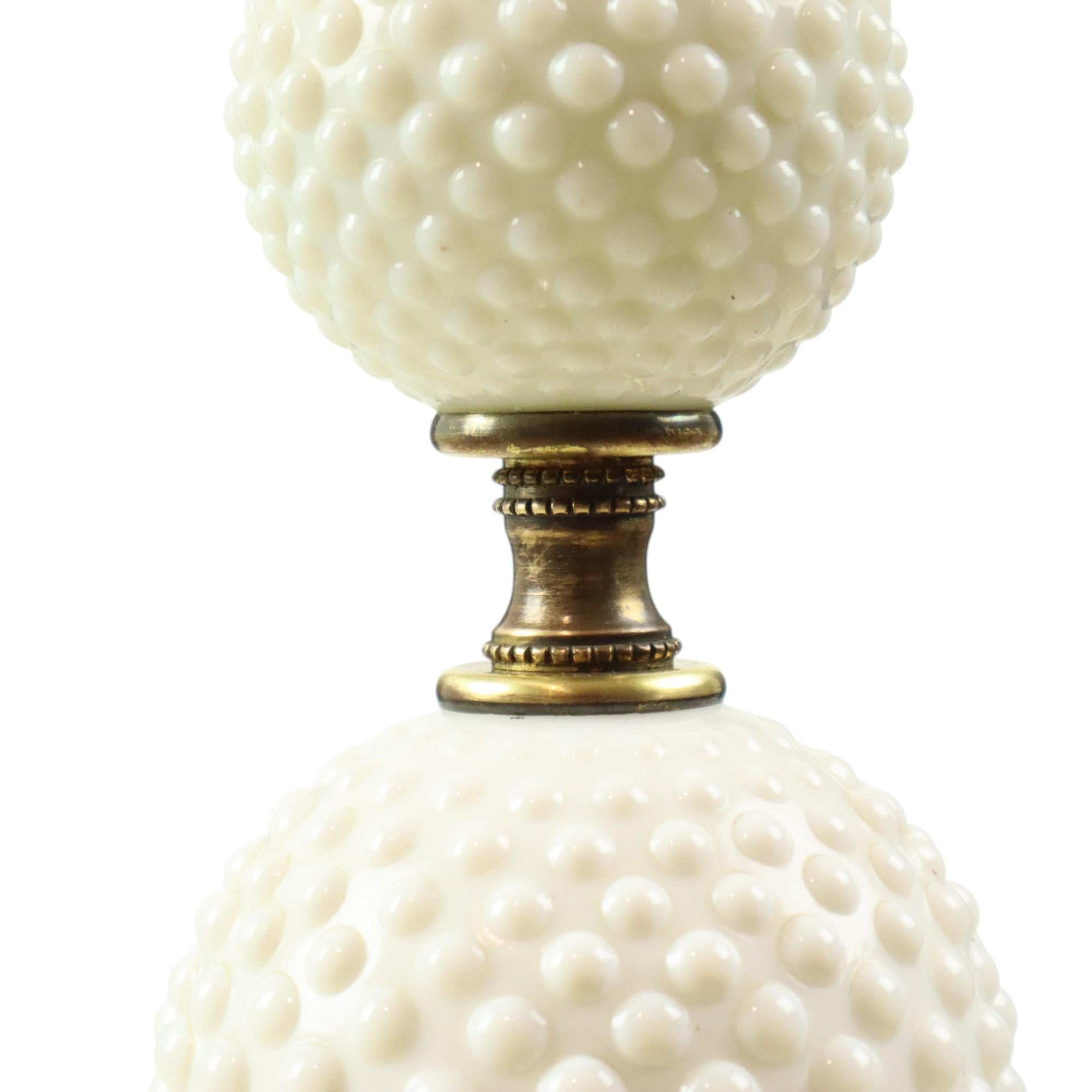 Late 20th Century Vintage Table Lamp Frosted Milk Glass Brass Hobnail 1970s For Sale