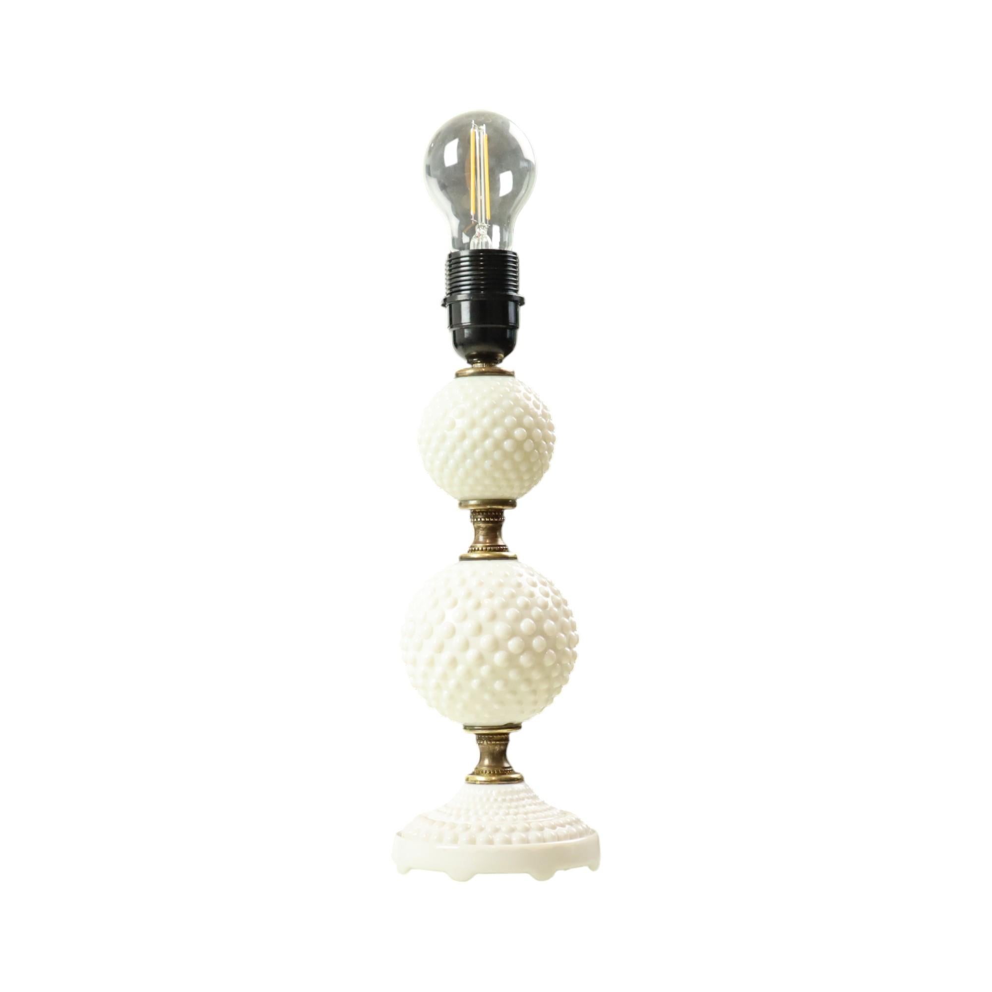 Vintage Table Lamp Frosted Milk Glass Brass Hobnail 1970s For Sale 2