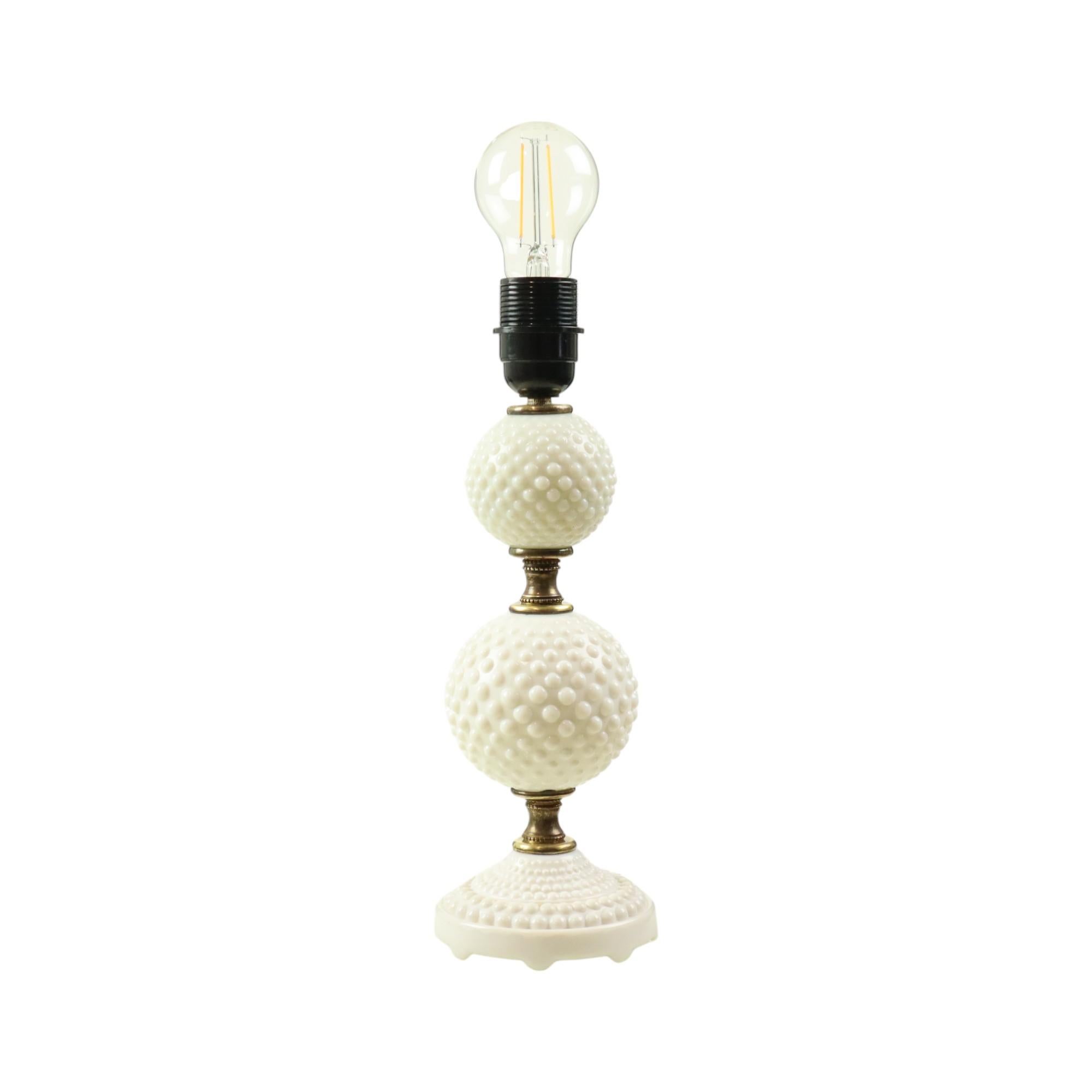Vintage Table Lamp Frosted Milk Glass Brass Hobnail 1970s