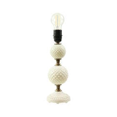 Vintage Table Lamp Frosted Milk Glass Brass Hobnail 1970s