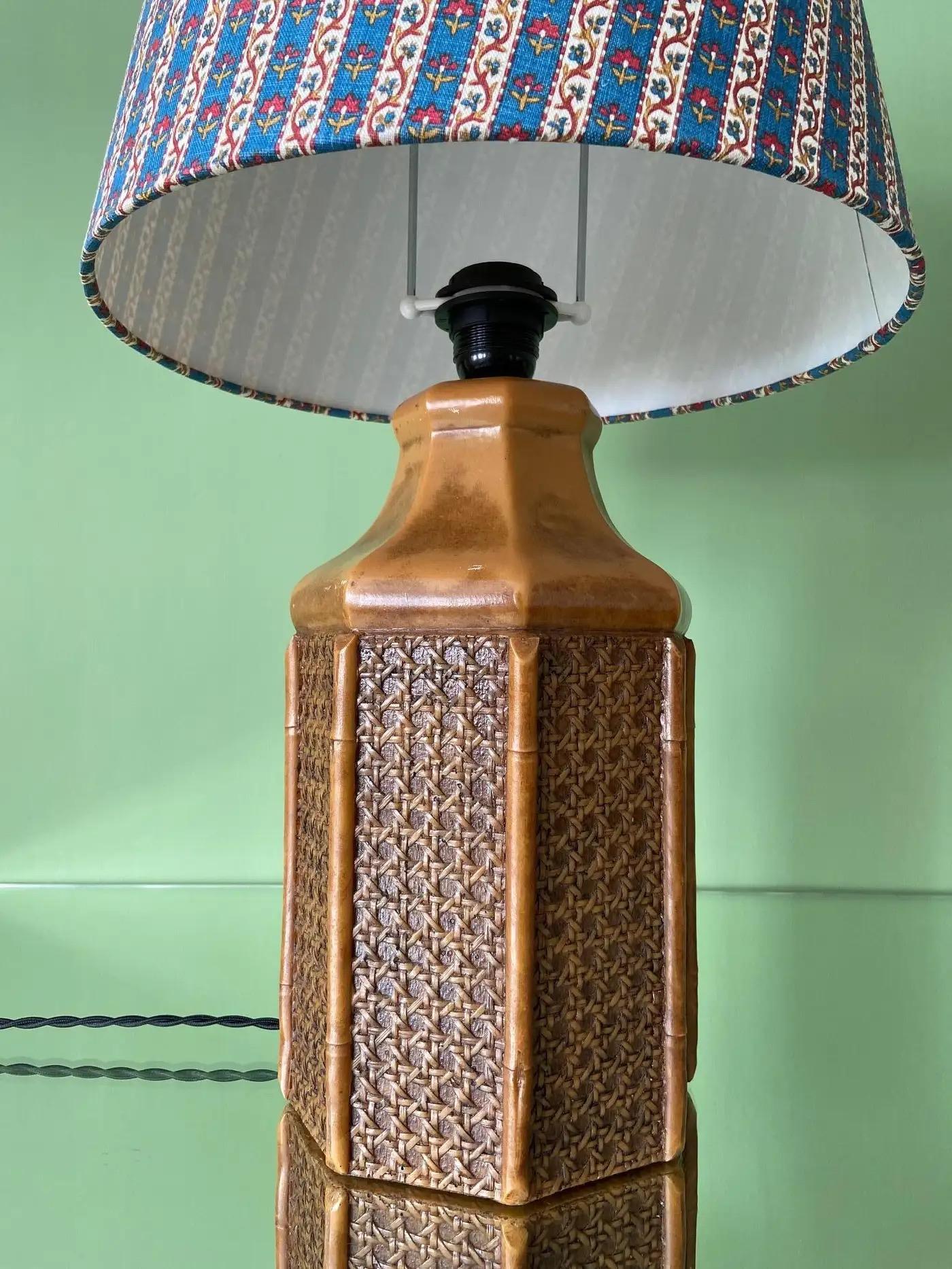 French Vintage Table Lamp with Bamboo and Cane Webbing Details, France, 20th Century For Sale