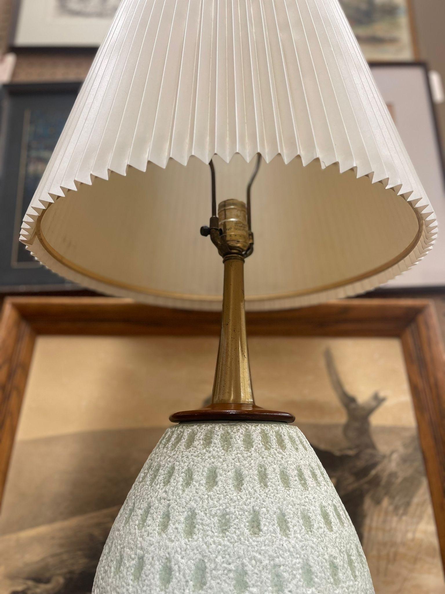 Vintage Table Lamp With Ceramic Base and Walnut Toned Wood Accents. For Sale 1