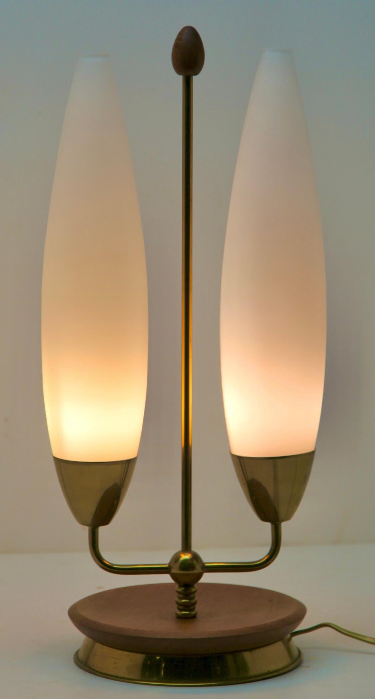 Mid-Century Modern Vintage Table Lamp with Milk-White Glass Shades and Brass / Fruitwood Base