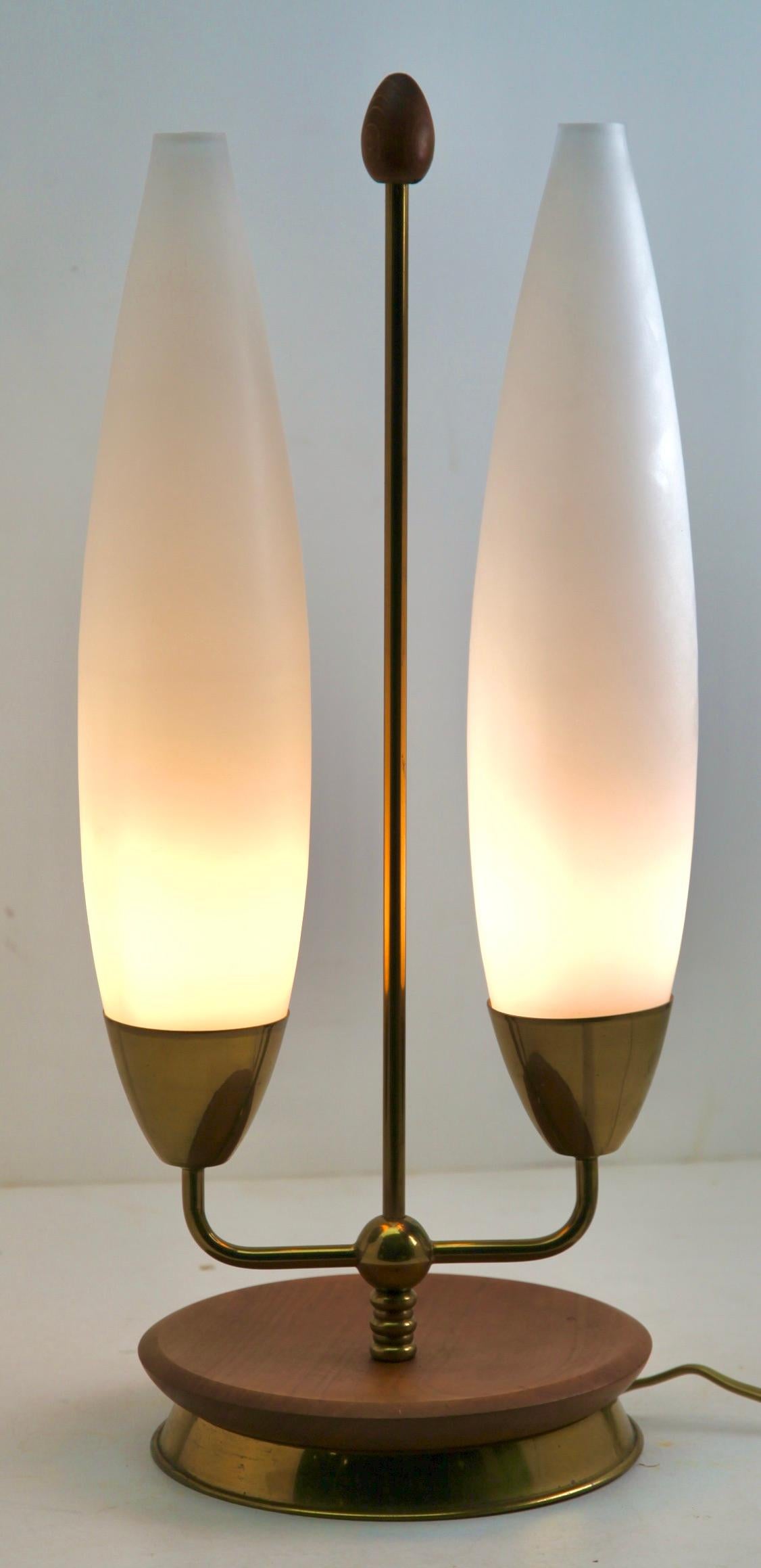 Italian Vintage Table Lamp with Milk-White Glass Shades and Brass / Fruitwood Base