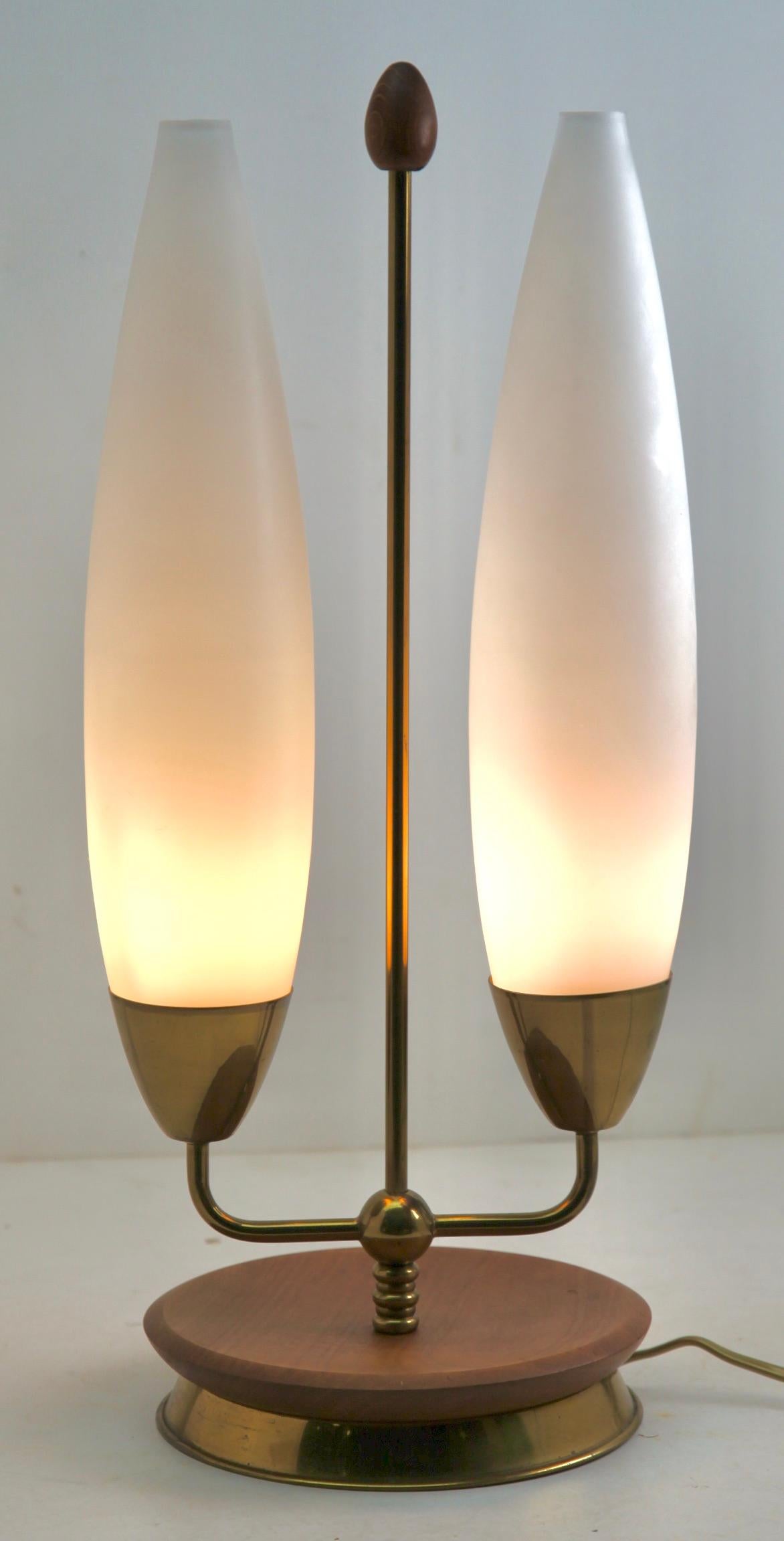 Hand-Crafted Vintage Table Lamp with Milk-White Glass Shades and Brass / Fruitwood Base