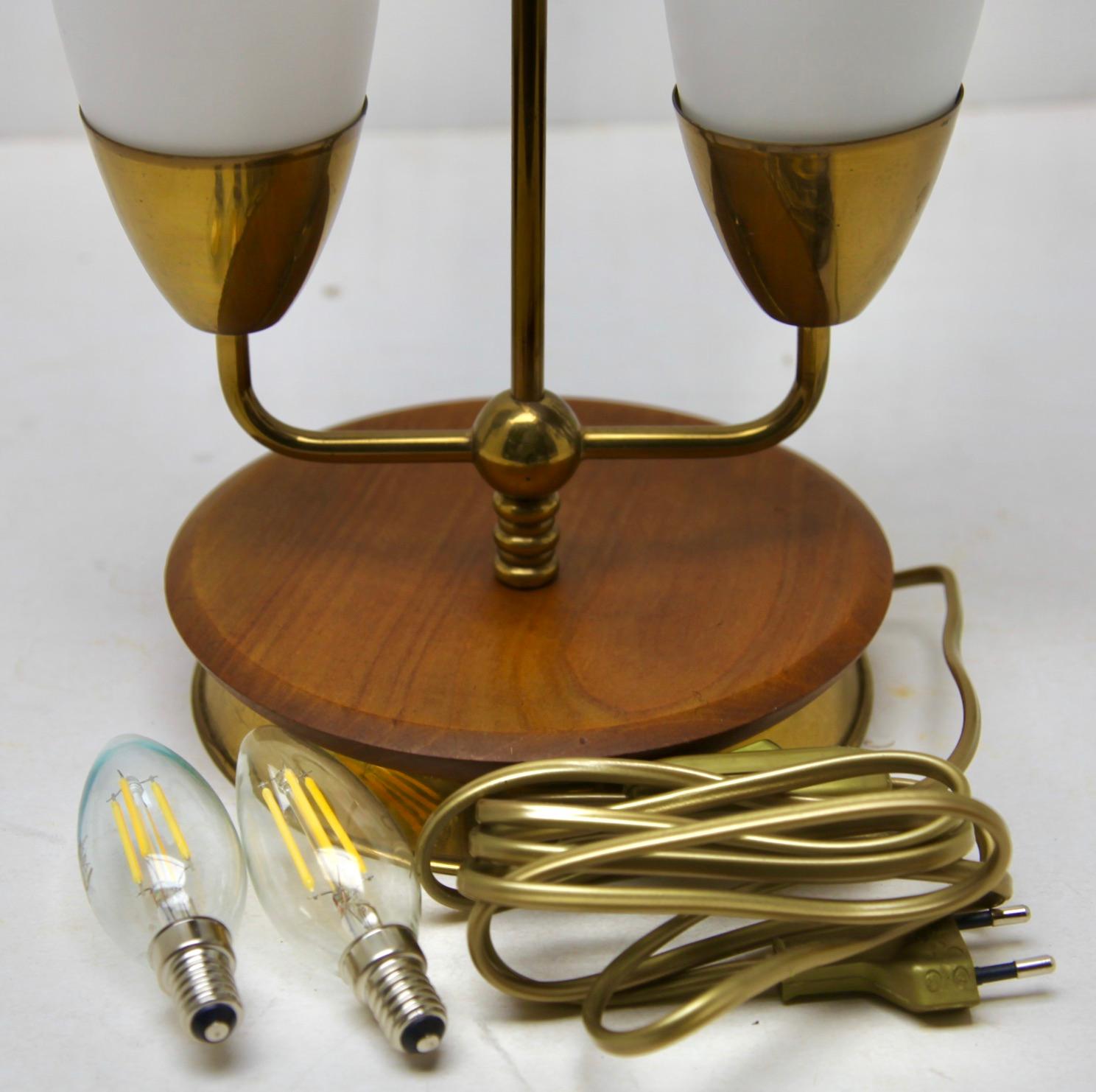 Late 20th Century Vintage Table Lamp with Milk-White Glass Shades and Brass / Fruitwood Base