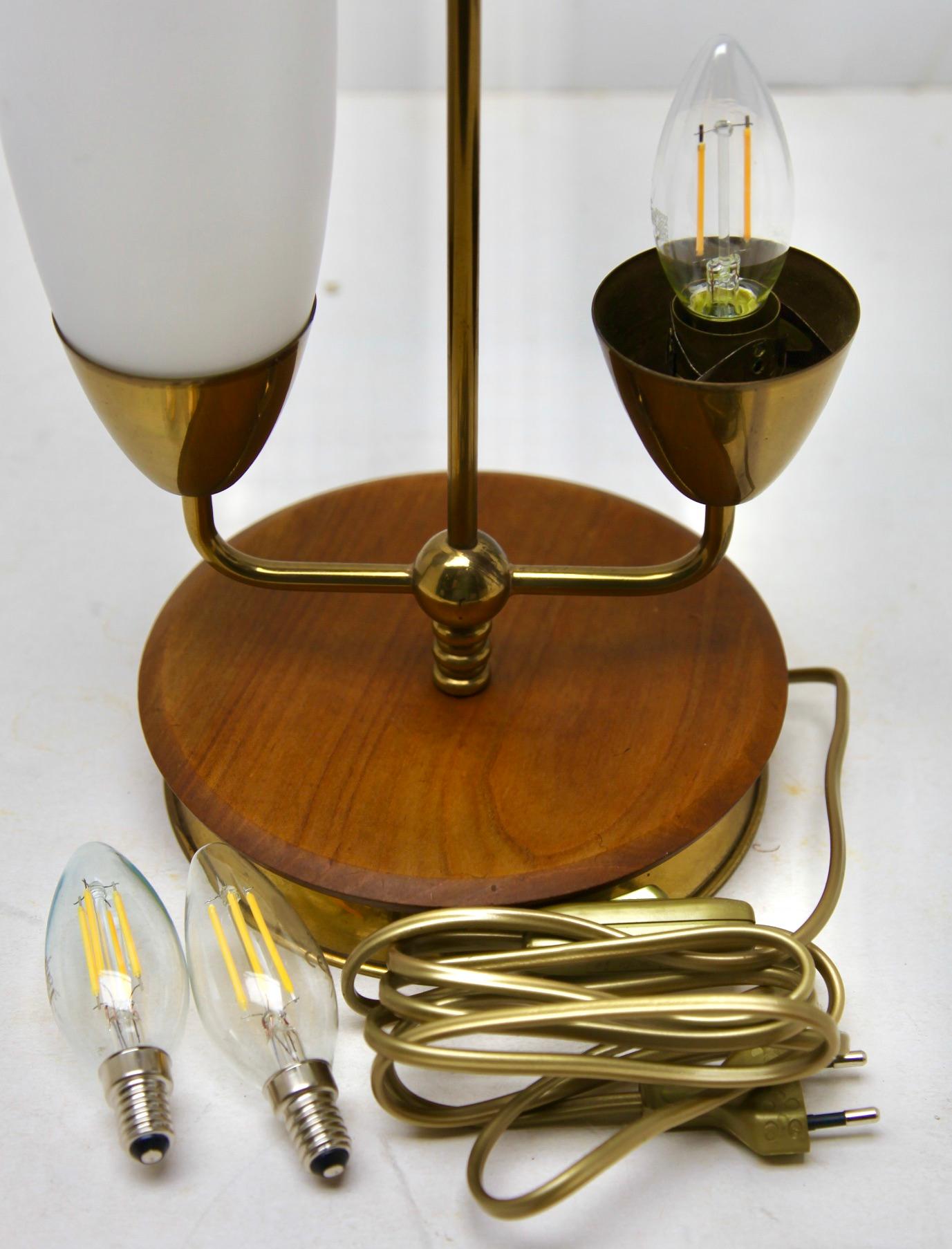Vintage Table Lamp with Milk-White Glass Shades and Brass / Fruitwood Base 1