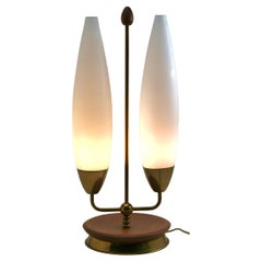 Vintage Table Lamp with Milk-White Glass Shades and Brass / Fruitwood Base