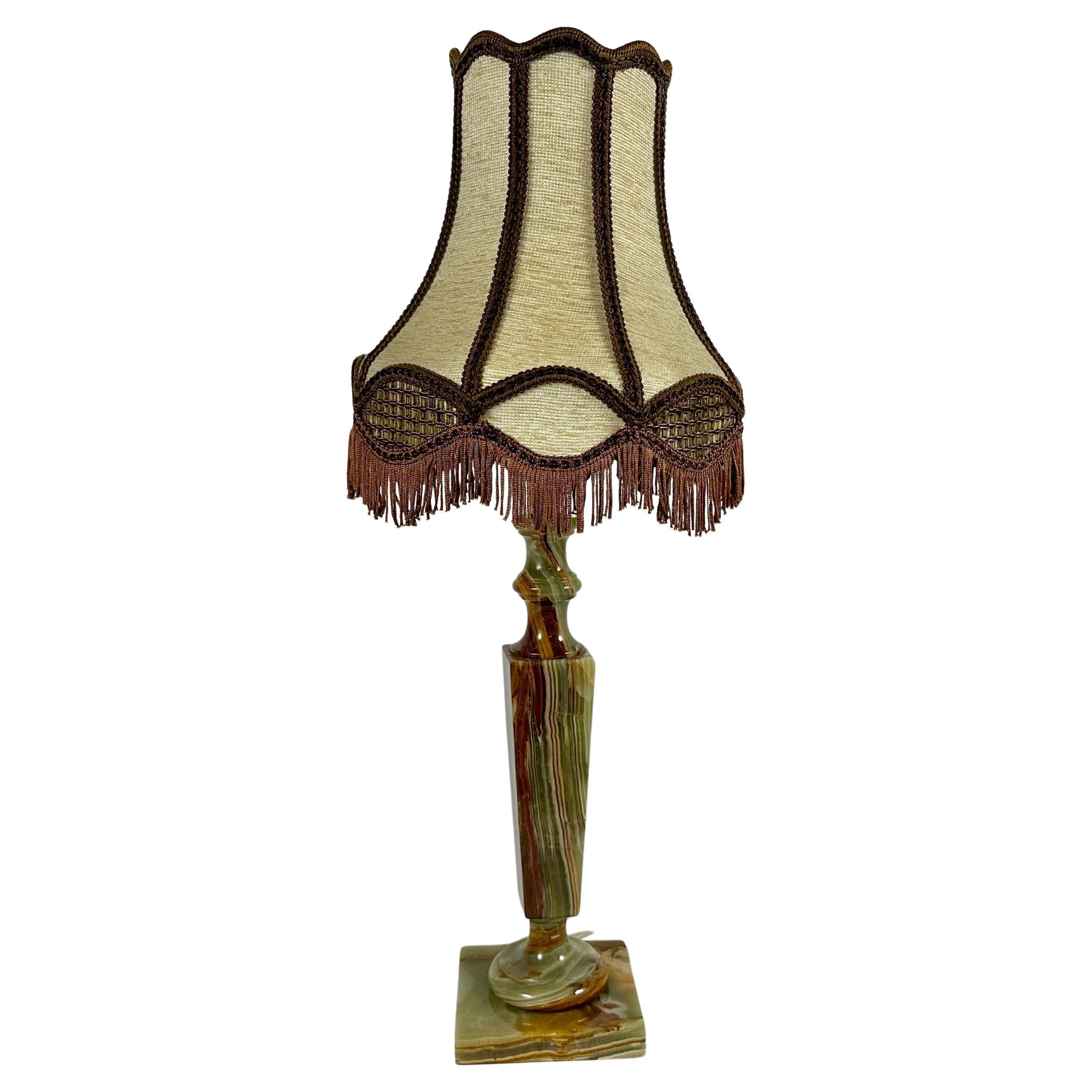 Vintage Table Lamp With Textile Shade Onyx Base, Bedside Light, Belgium, 1970s