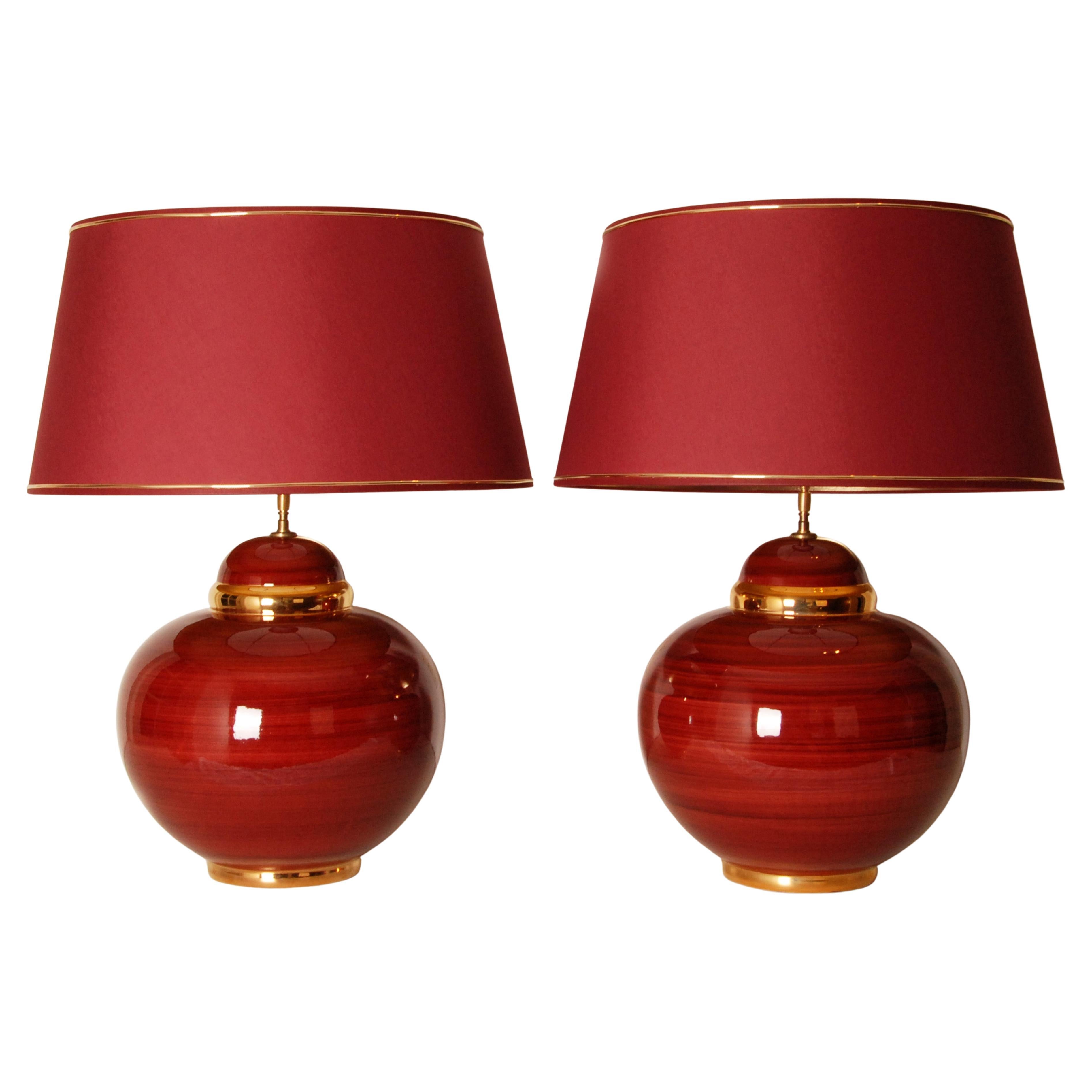 Vintage Table Lamps French Ceramic Vase Lamps Red Gold, a pair